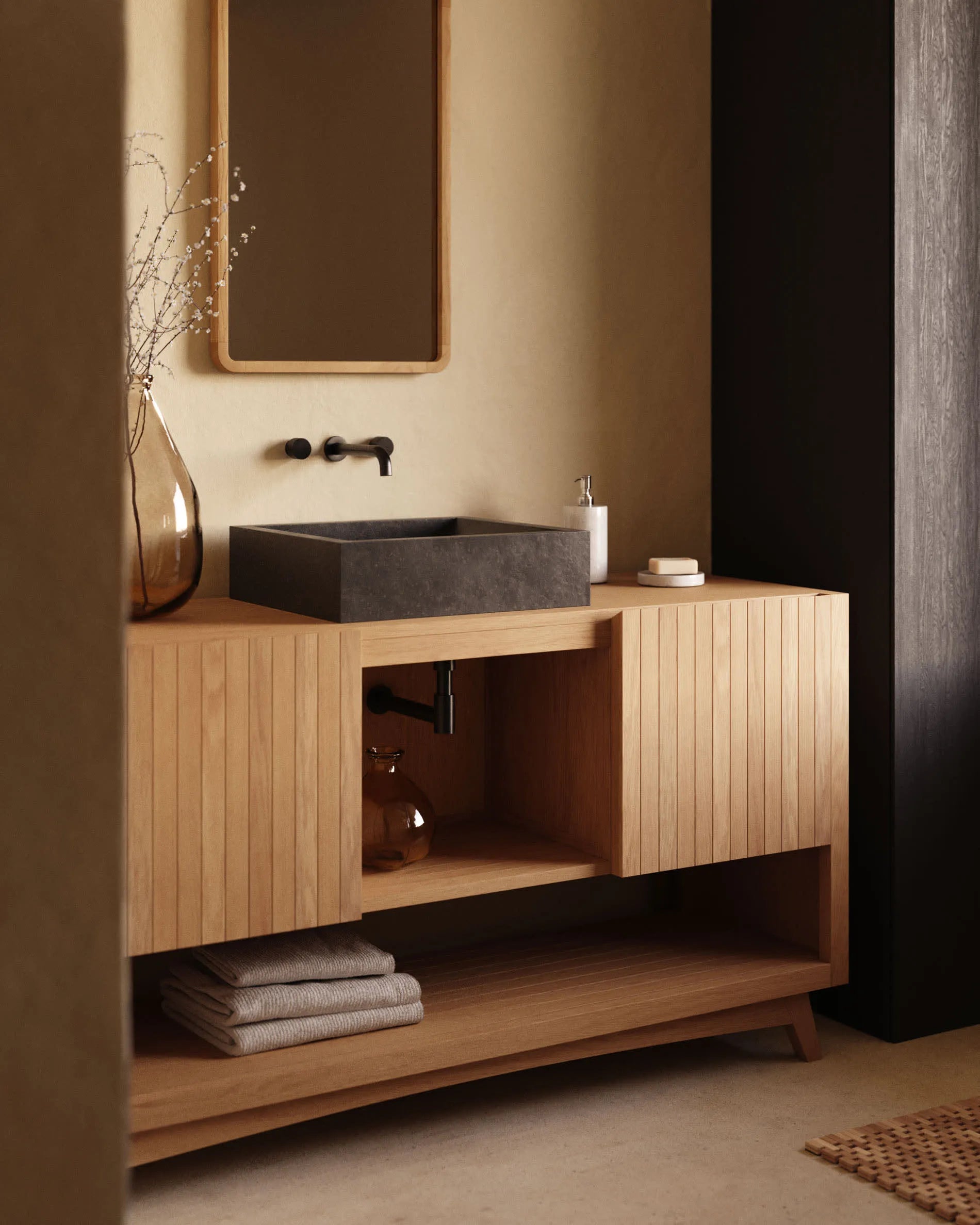 Elegantes Sideboard aus massivem Teakholz, 140x50 cm, mit natürlichem Finish – stilvoller Stauraum für jeden Raum.