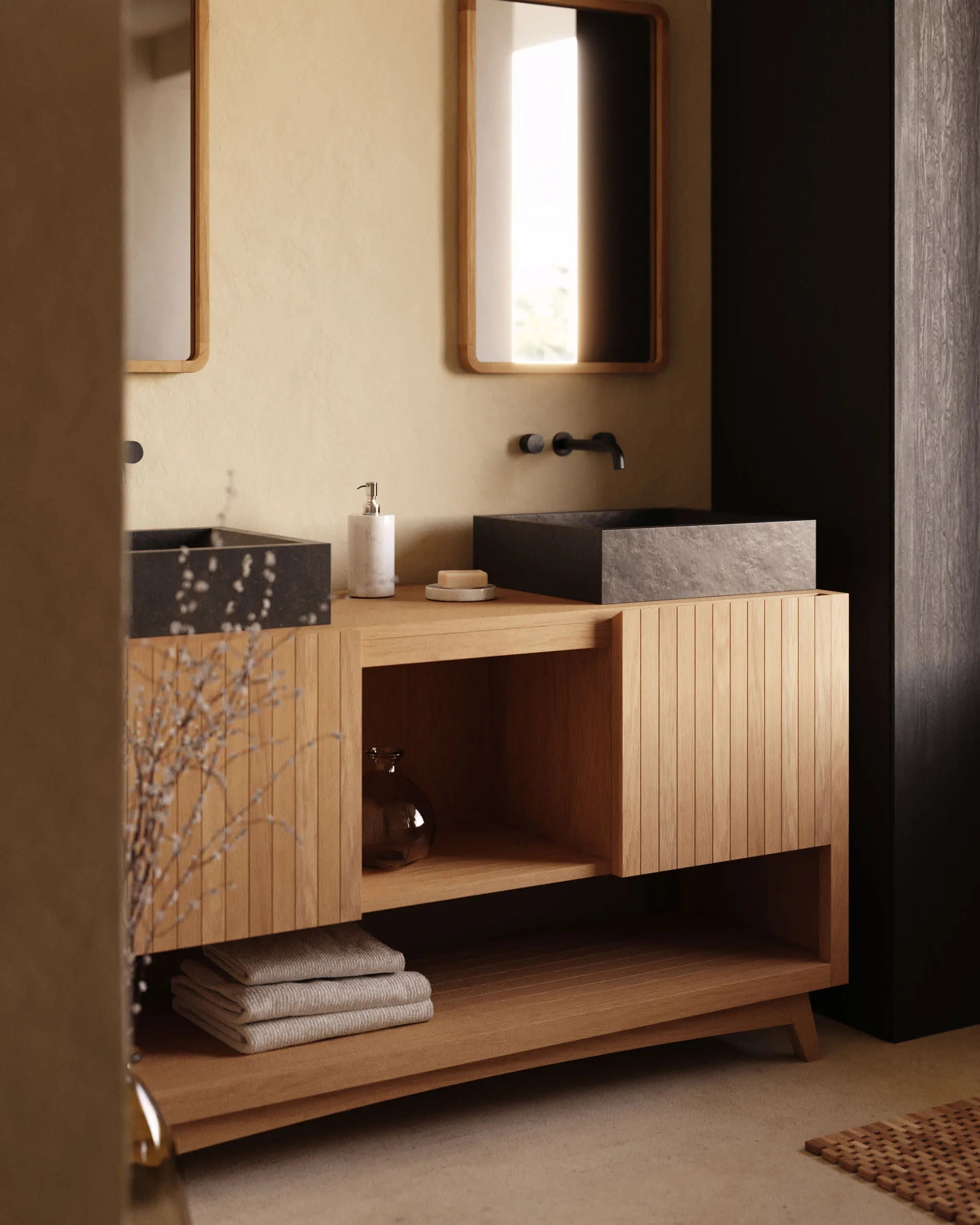 Elegantes Sideboard aus massivem Teakholz, 140x50 cm, mit natürlichem Finish – stilvoller Stauraum für jeden Raum.