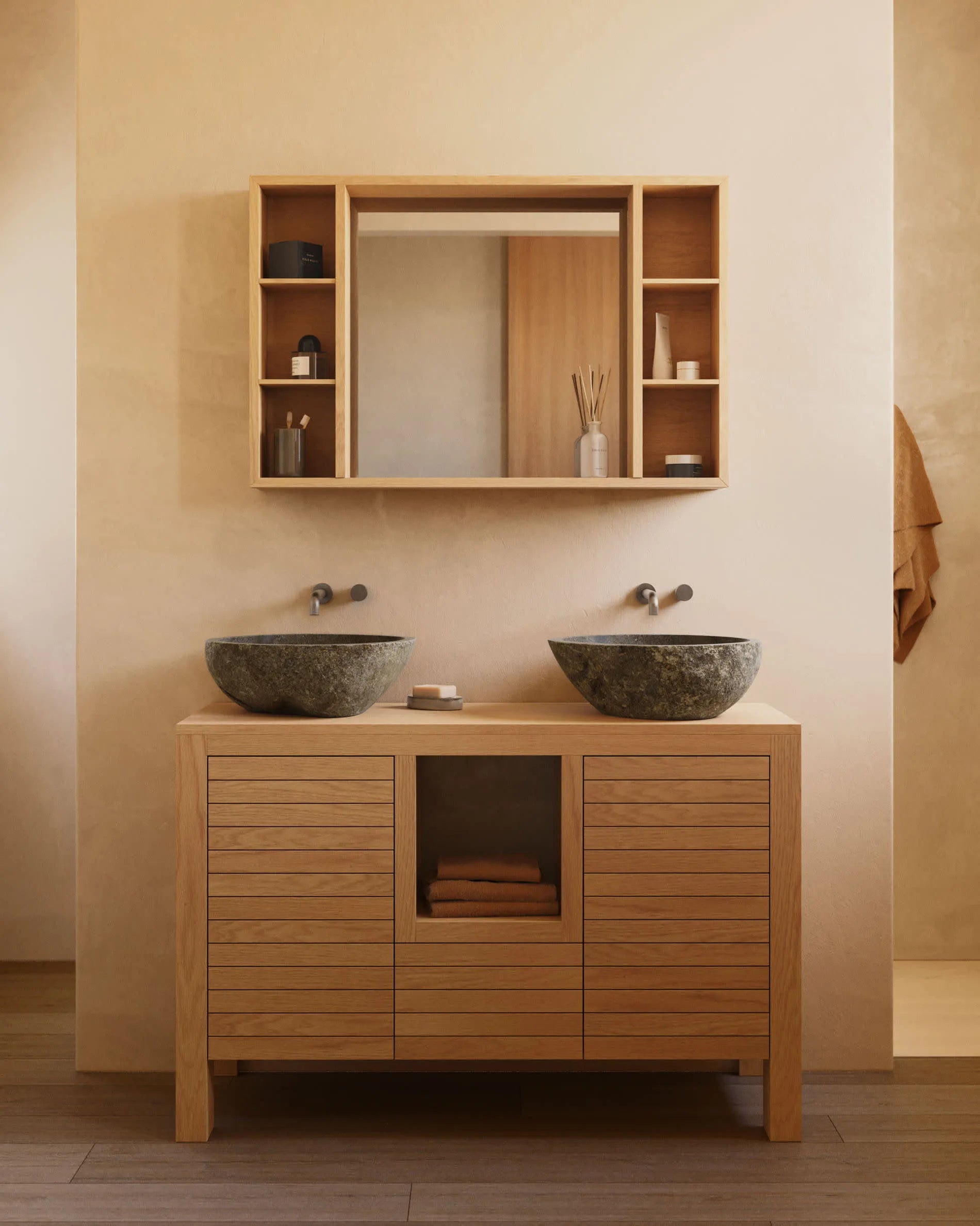 Das Tetsu Aufsatzwaschbecken aus Naturstein, Ø 40 cm, vereint zeitlose Eleganz und Funktionalität für Ihr modernes Badezimmer.