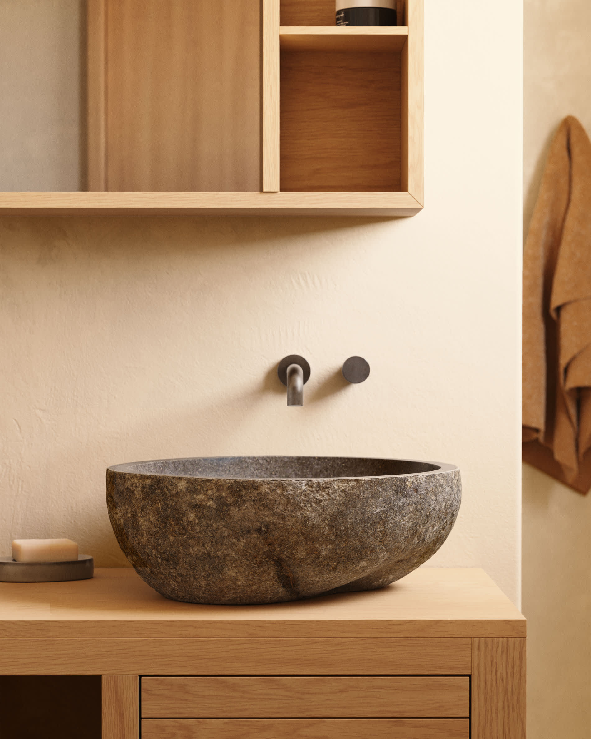 Das Tetsu Steinwaschbecken von Kave Home, Ø 40 cm, vereint modernes Design mit natürlicher Eleganz für Ihr Badezimmer.