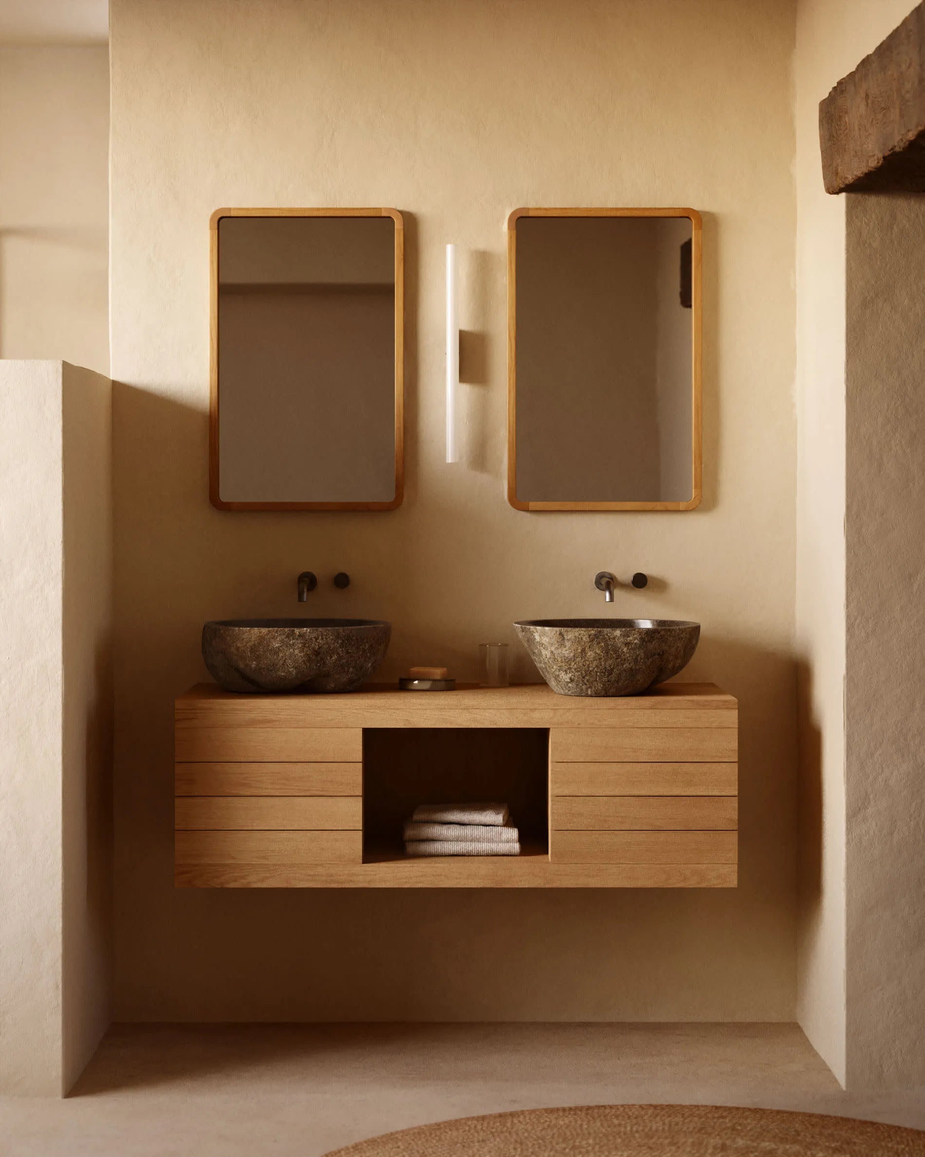 Das Tetsu Aufsatzwaschbecken aus Naturstein, Ø 40 cm, vereint zeitlose Eleganz und Funktionalität für Ihr modernes Badezimmer.