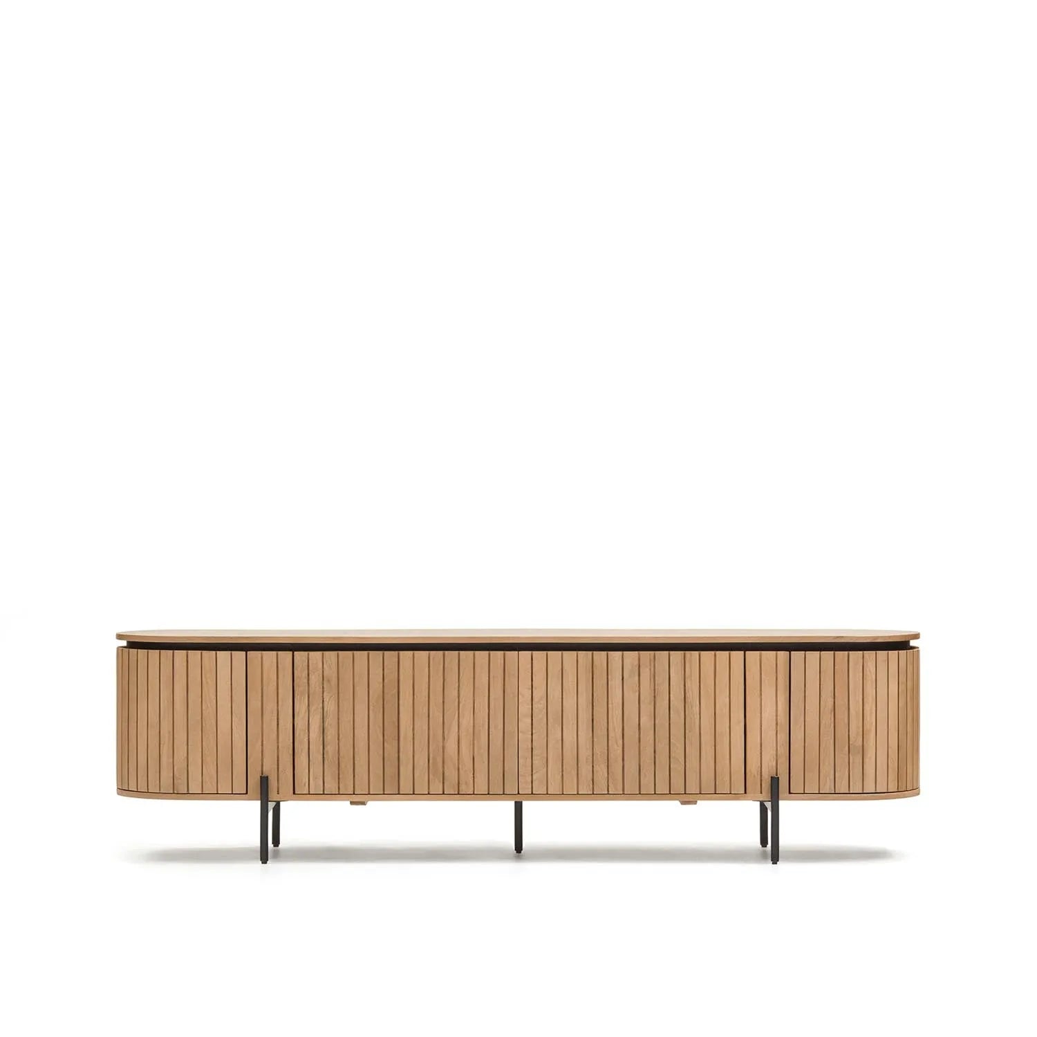 3D-Modell eines eleganten TV-Möbels aus Mangoholz und Metall, 200x55 cm, mit 4 Türen, modernes Design.