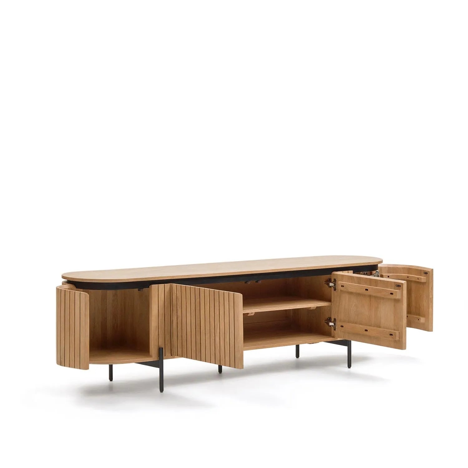 Elegantes TV-Möbel aus Mangoholz und Metall, 200x55 cm, Kave Home.