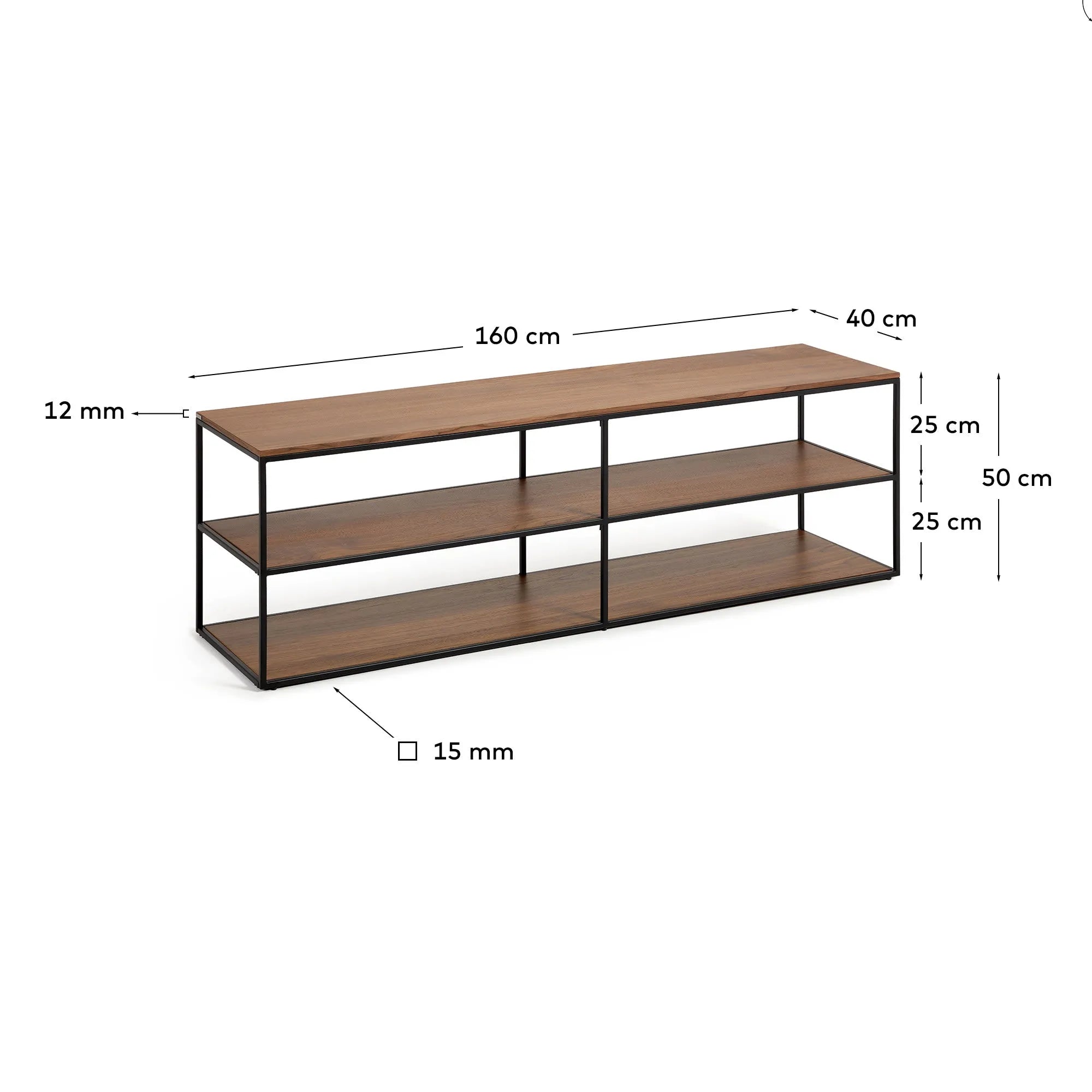 Elegantes TV-Möbel aus Nussholzfurnier und schwarzem Metall, 160x40 cm, vereint Stil und Funktionalität für Ihr Wohnzimmer.