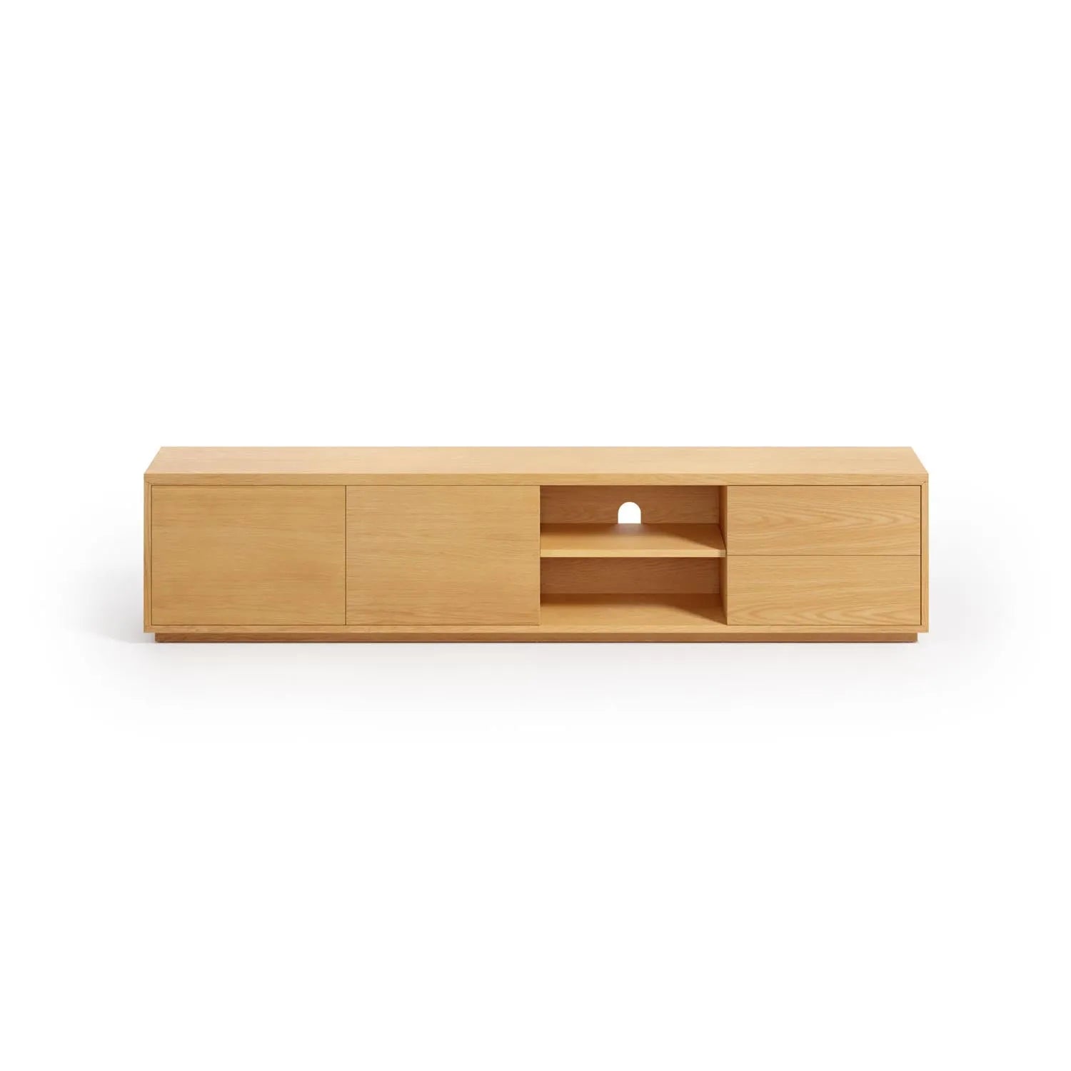 3D-Modell des Abilen TV-Schranks: 2 Türen, 2 Schubladen, Eichenfurnier, umweltfreundliches MDF, von Kave Home.