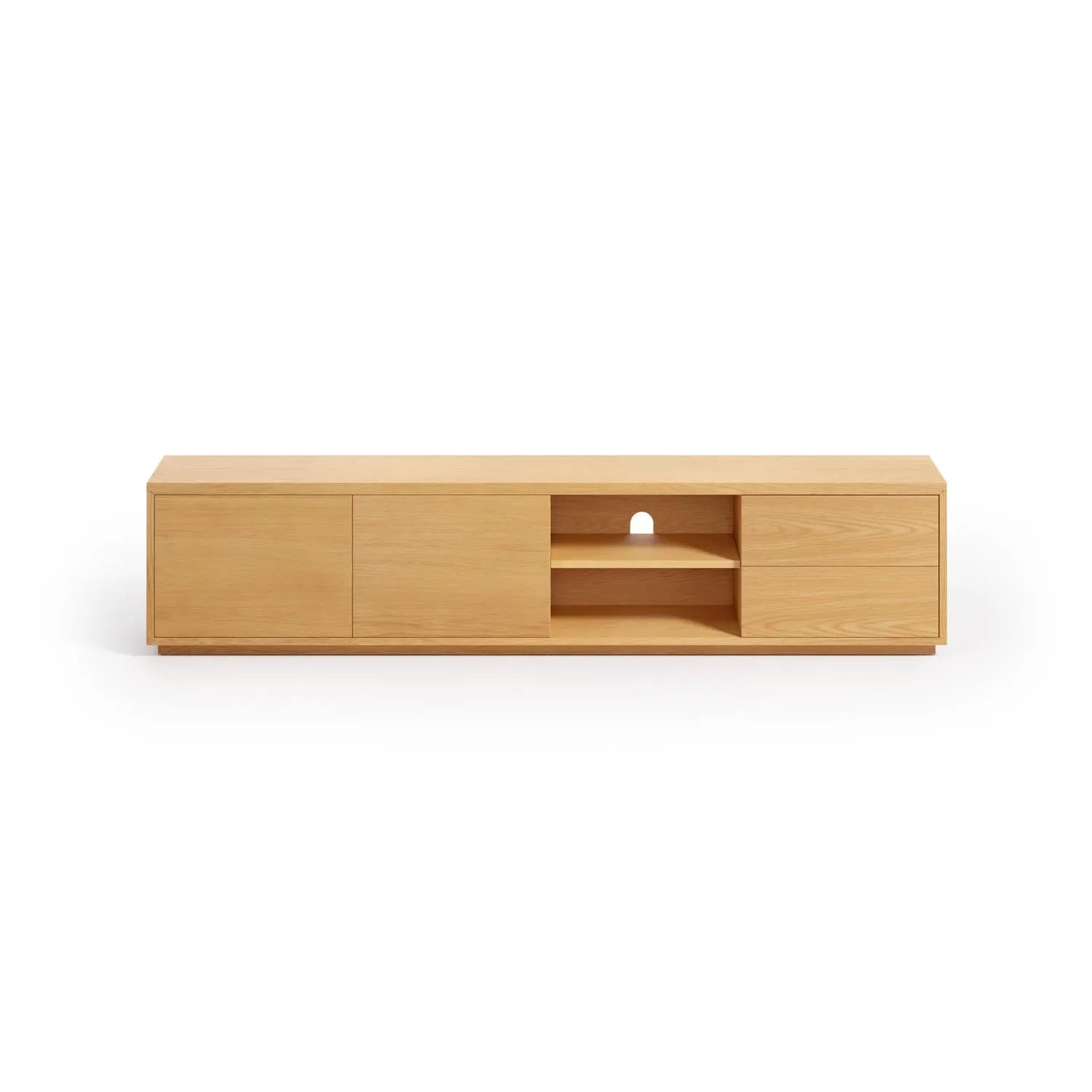 Eleganter TV-Schrank von Kave Home: 2 Türen, 2 Schubladen, Eichenfurnier, umweltfreundlich, vielseitig und modern.