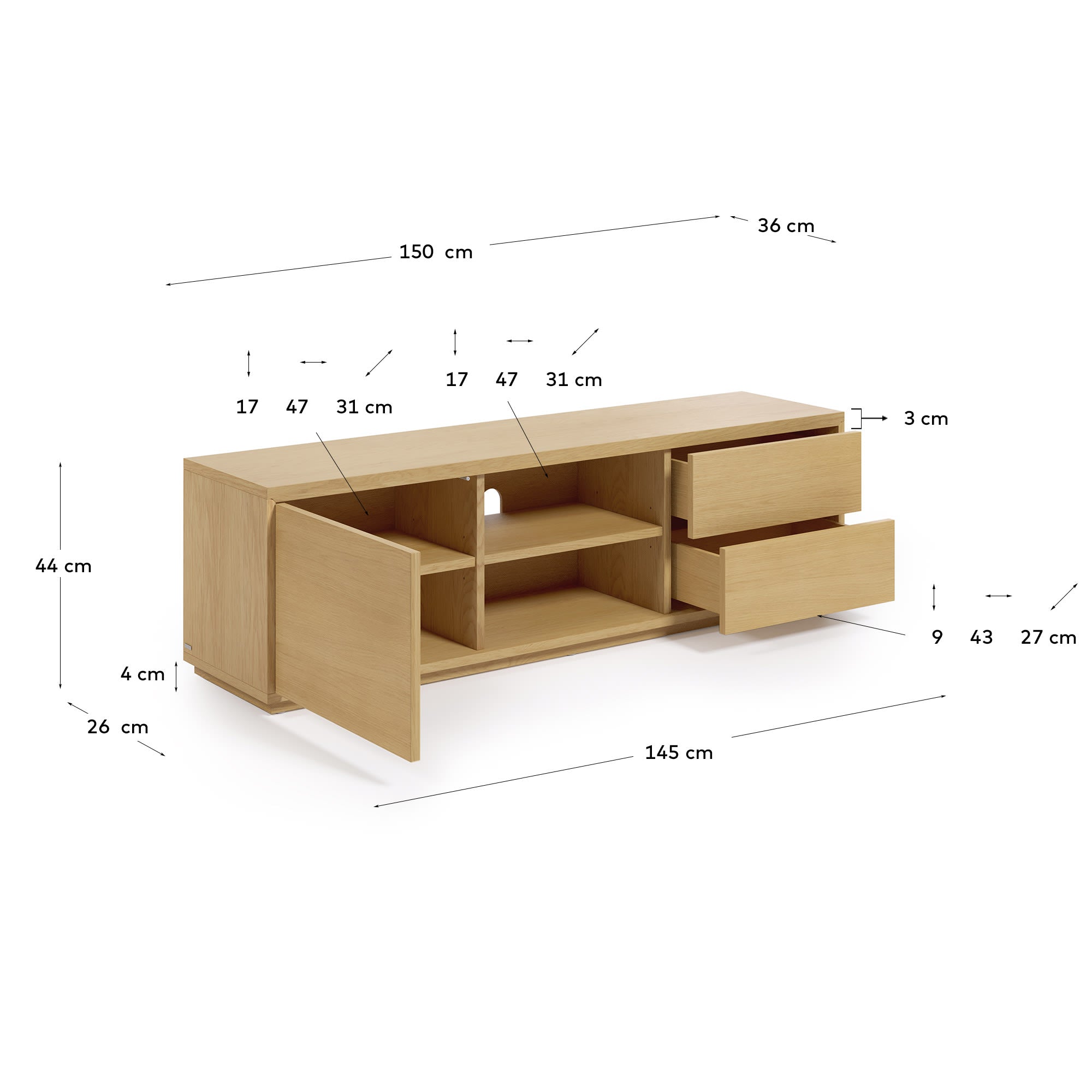 Moderner TV-Schrank aus nachhaltigem Eichenfurnier, 1 Tür, 2 Schubladen, 150x44 cm, perfekt für stilvolle Wohnräume.