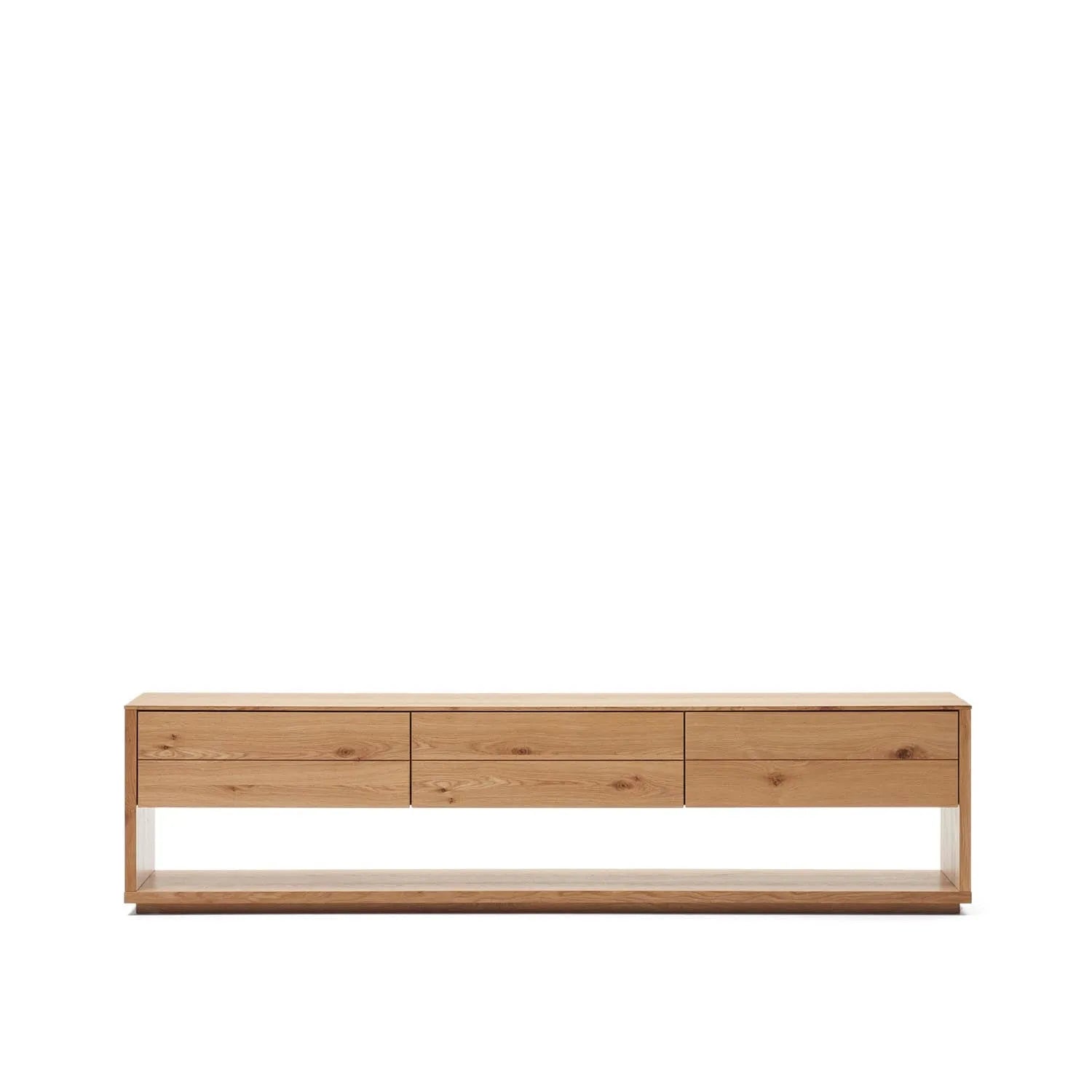 3D-Modell: Elegantes TV-Möbel Alguema, Eichenfurnier, 3 Schubladen, 200x51 cm, stilvoll und funktional für modernes Wohnen.