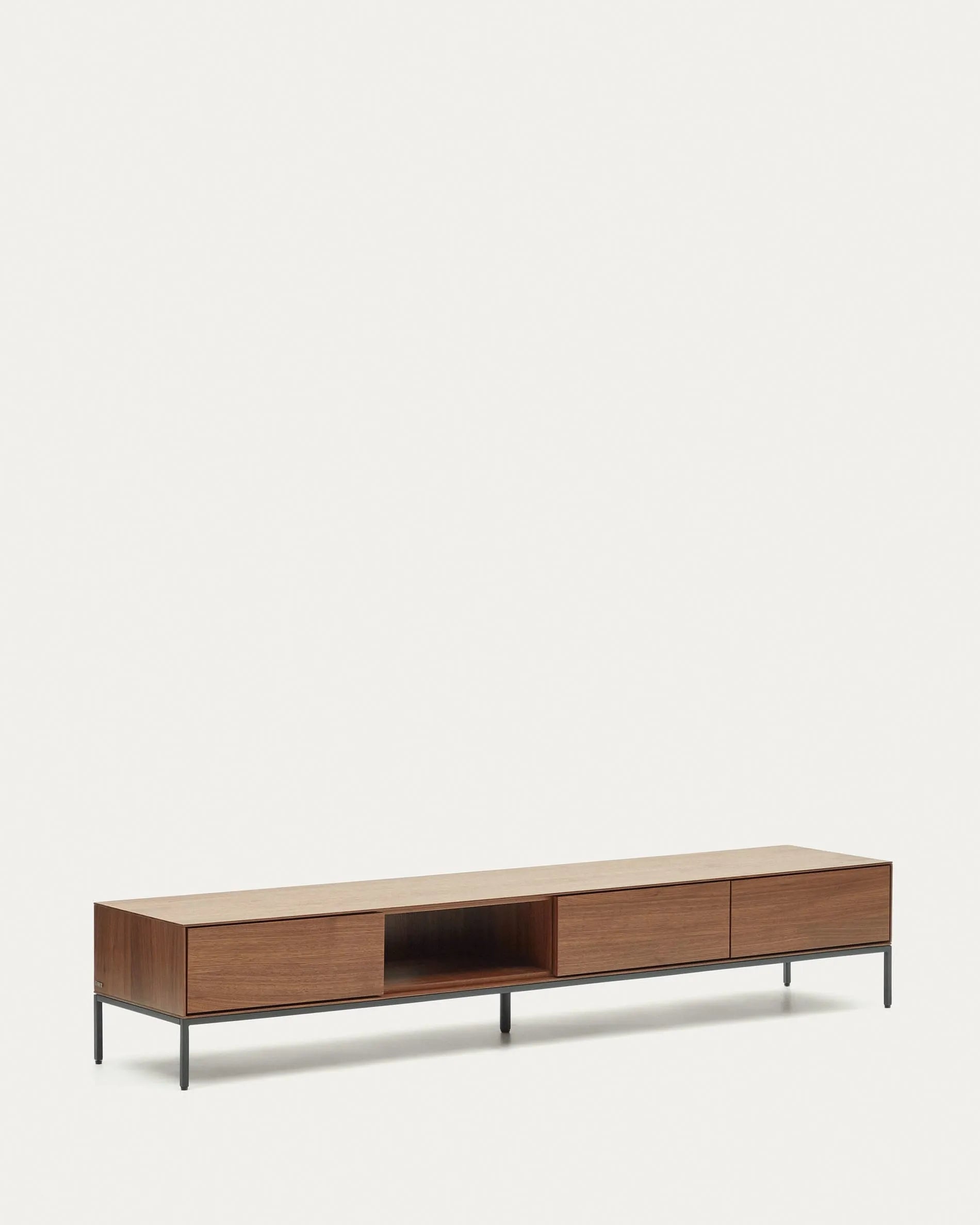 Eleganter TV-Schrank aus Nussholzfurnier mit schwarzen Stahlbeinen, bietet stilvollen Stauraum und passt in jeden modernen Wohnraum.