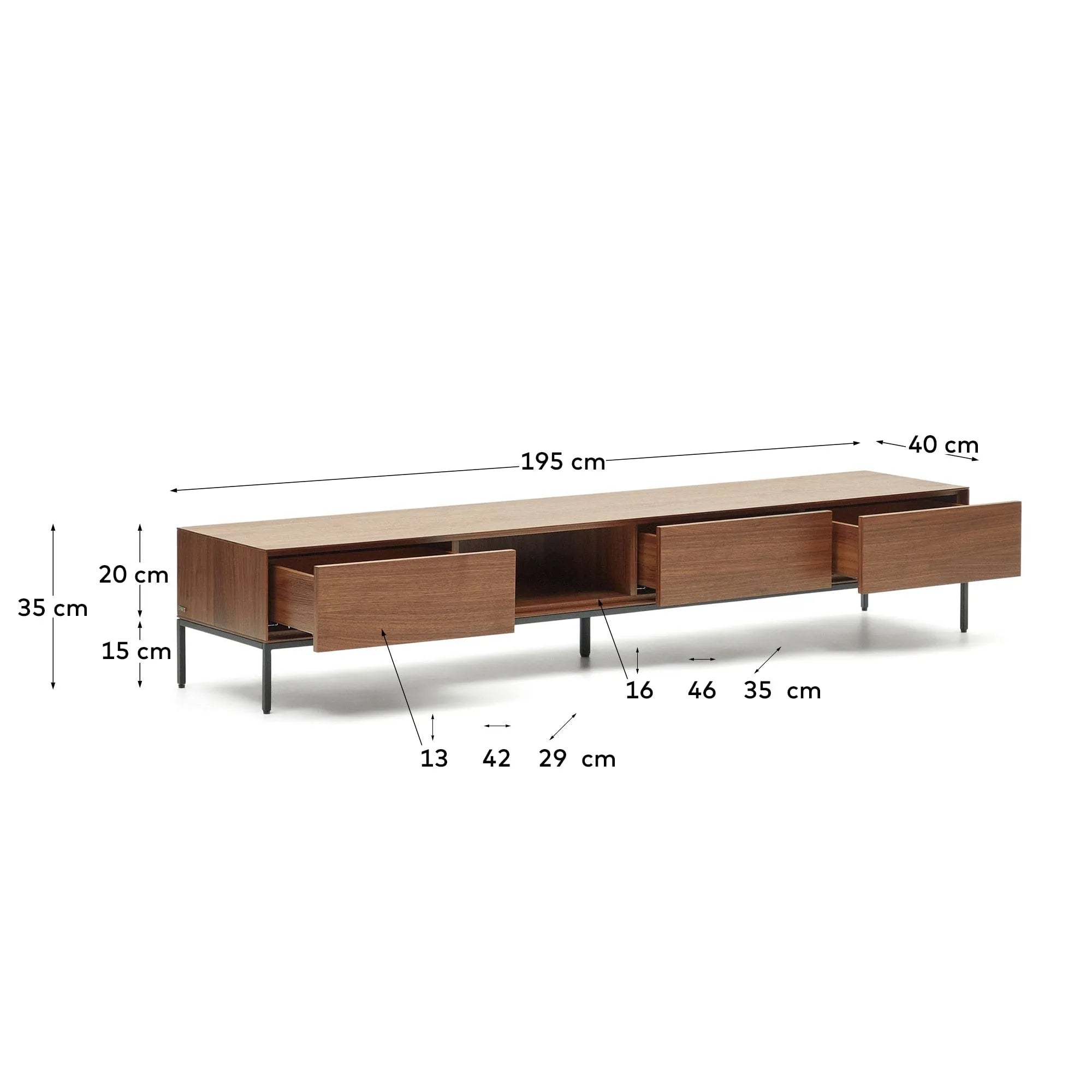Eleganter TV-Schrank aus Nussholzfurnier mit schwarzen Stahlbeinen, bietet stilvollen Stauraum und passt in jeden modernen Wohnraum.
