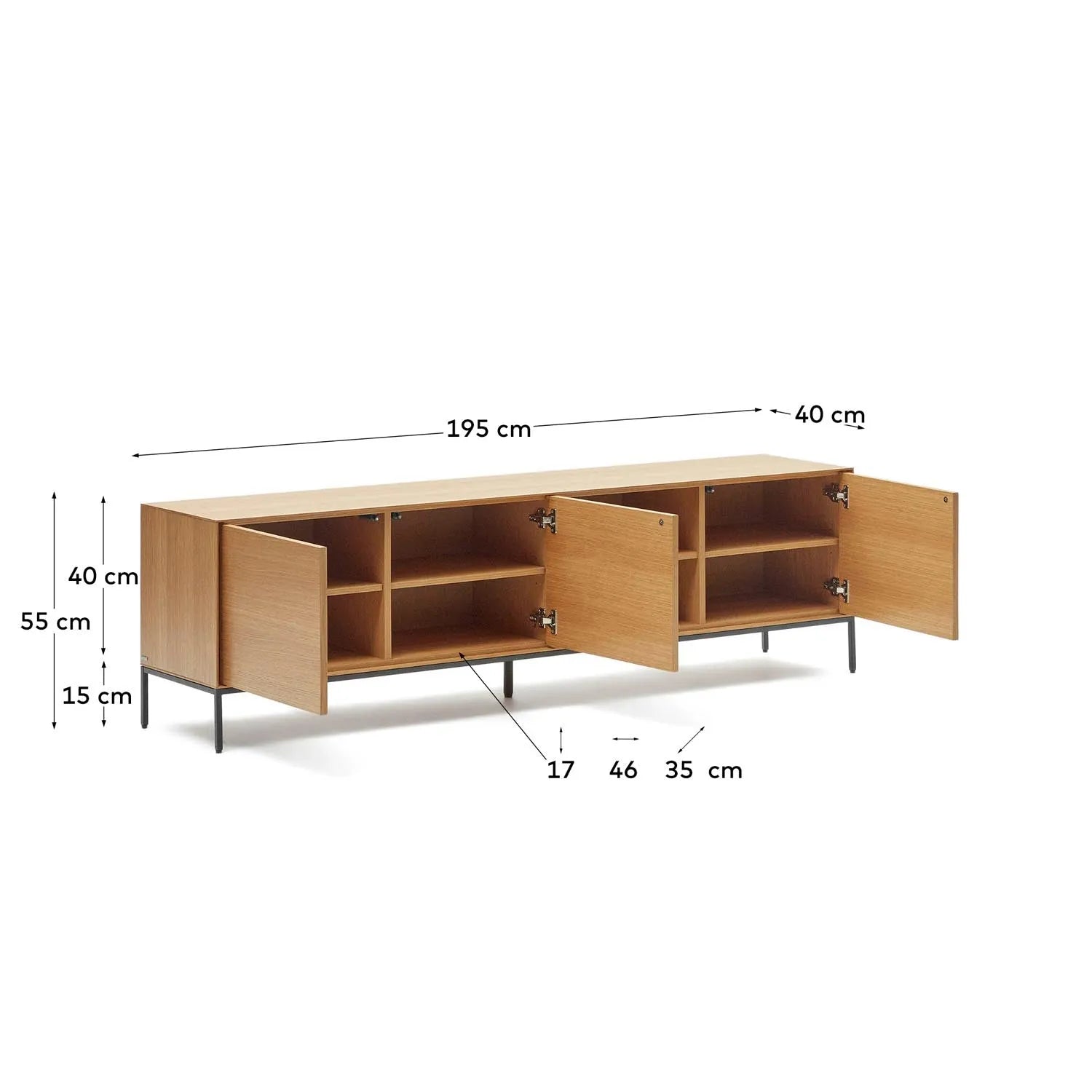 TV-Schrank Vedrana: Eichenfurnier & schwarze Stahlbeine, 195x55 cm.
