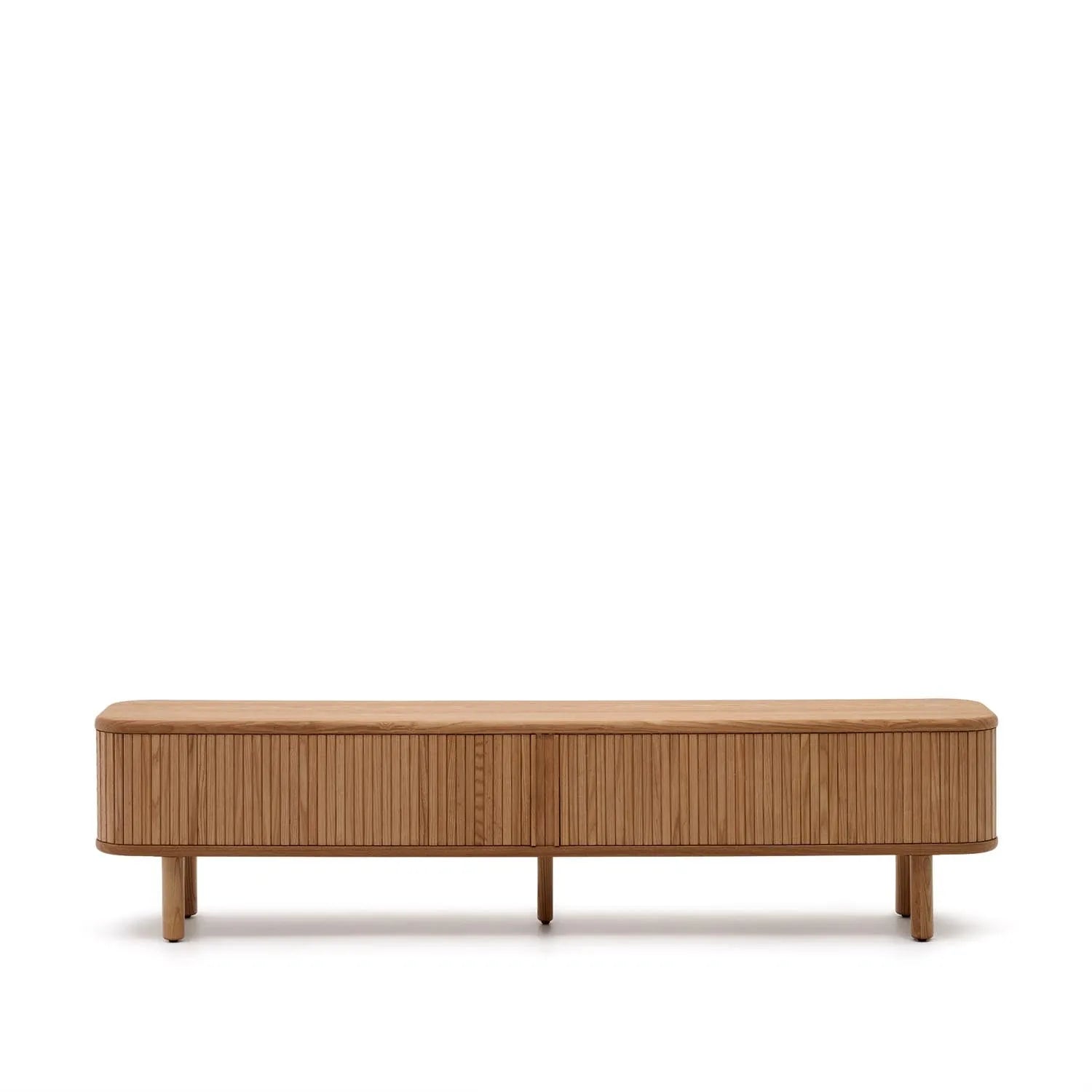 Elegantes TV-Möbel aus Eschenfurnier, 200x50 cm, mit Schiebetüren. Modernes Design, nachhaltig, ideal für AR.