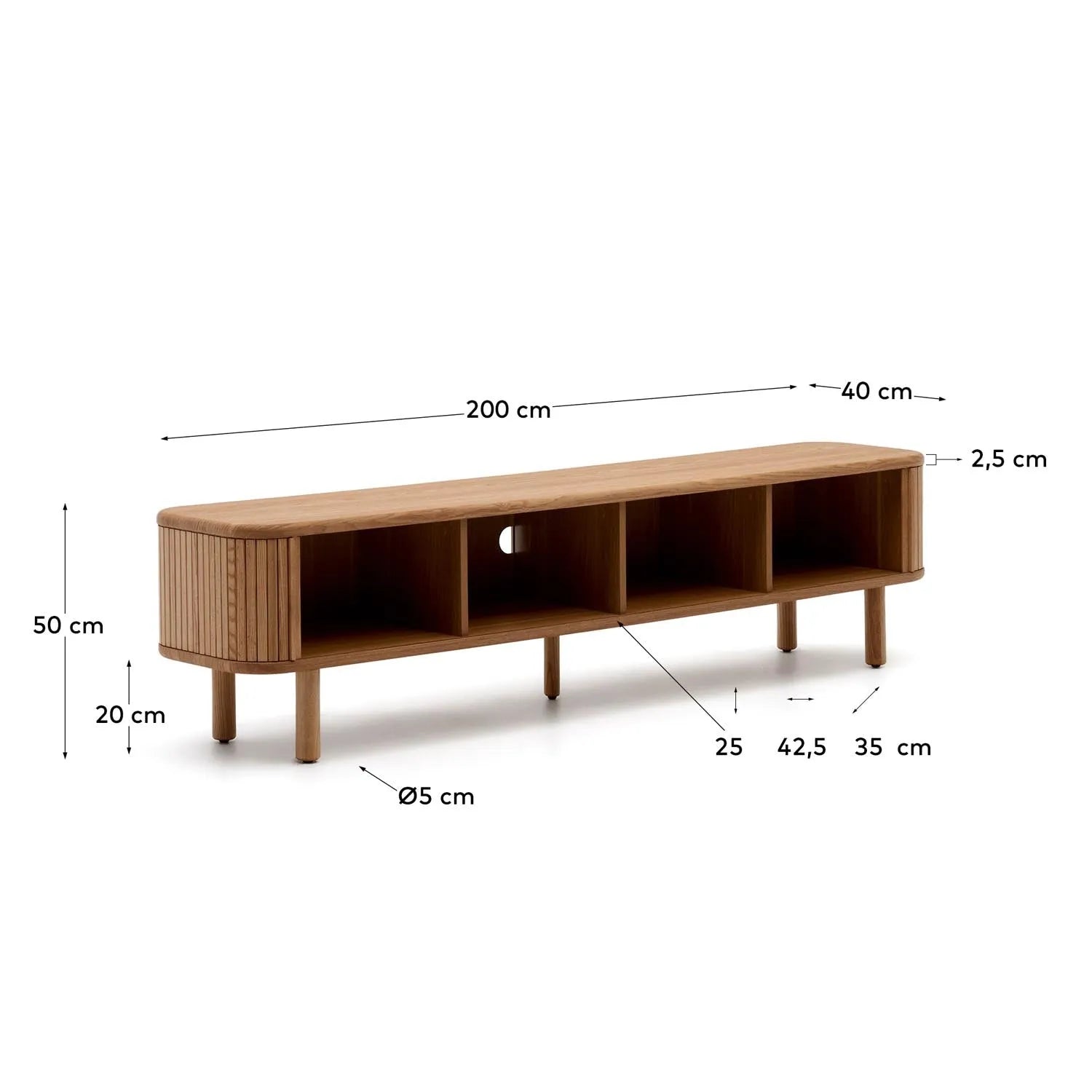 Stilvolles TV-Möbel aus Eschenfurnier, 200x50 cm, von Kave Home.