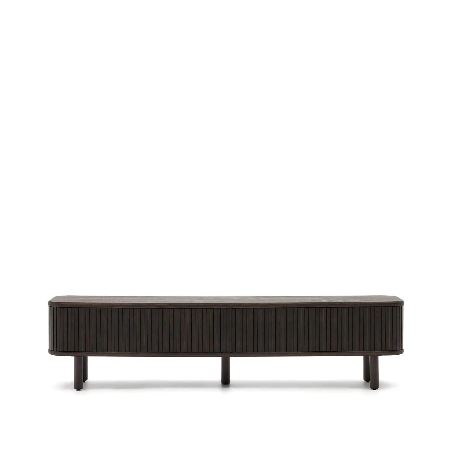 Elegantes TV-Möbel aus Eschenfurnier, dunkles Finish, 200x50cm, Schiebetüren mit Holzlamellen, modern und stilvoll.