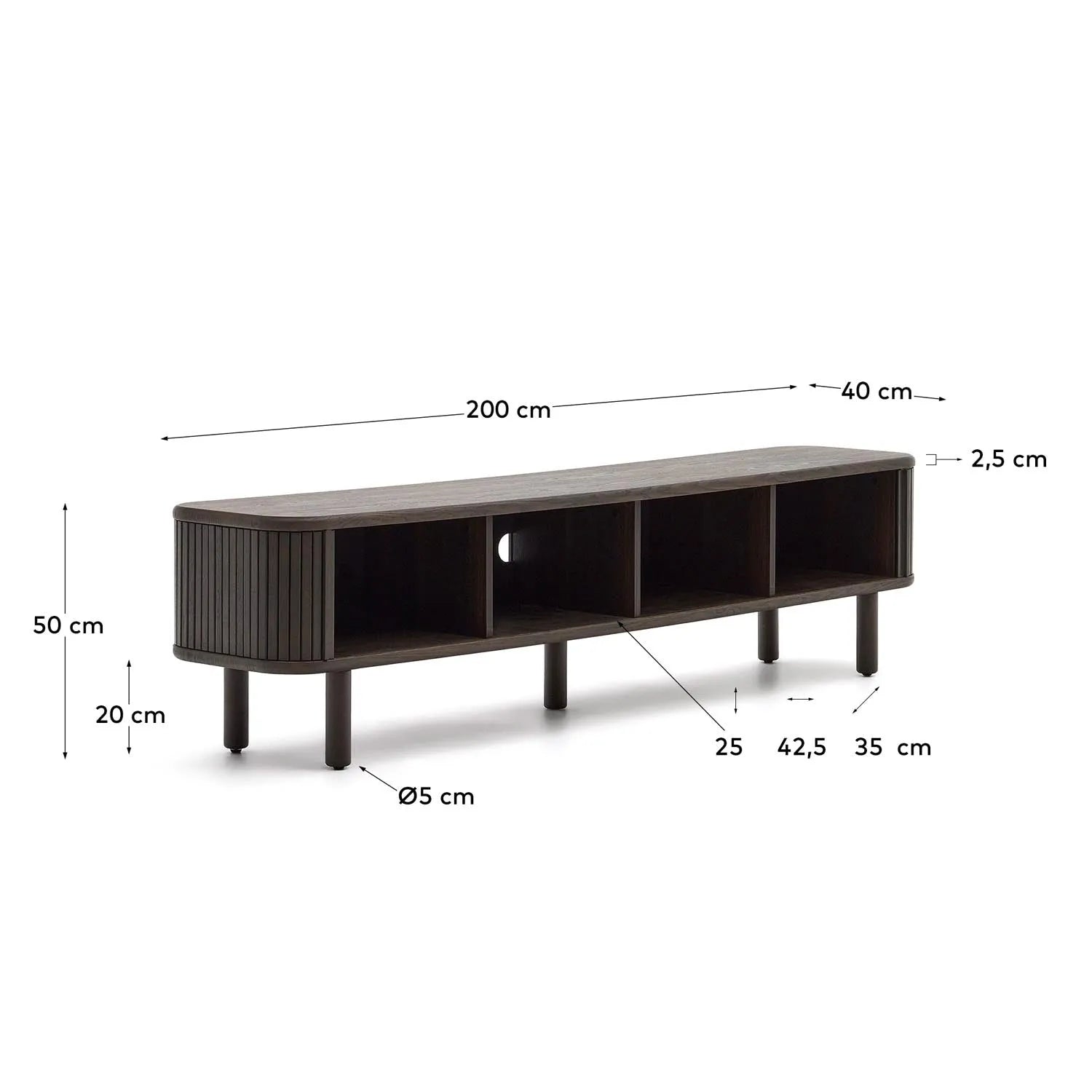Stilvolles TV-Möbel aus Eschenfurnier, 2 Türen, 200x50 cm, Kave Home.