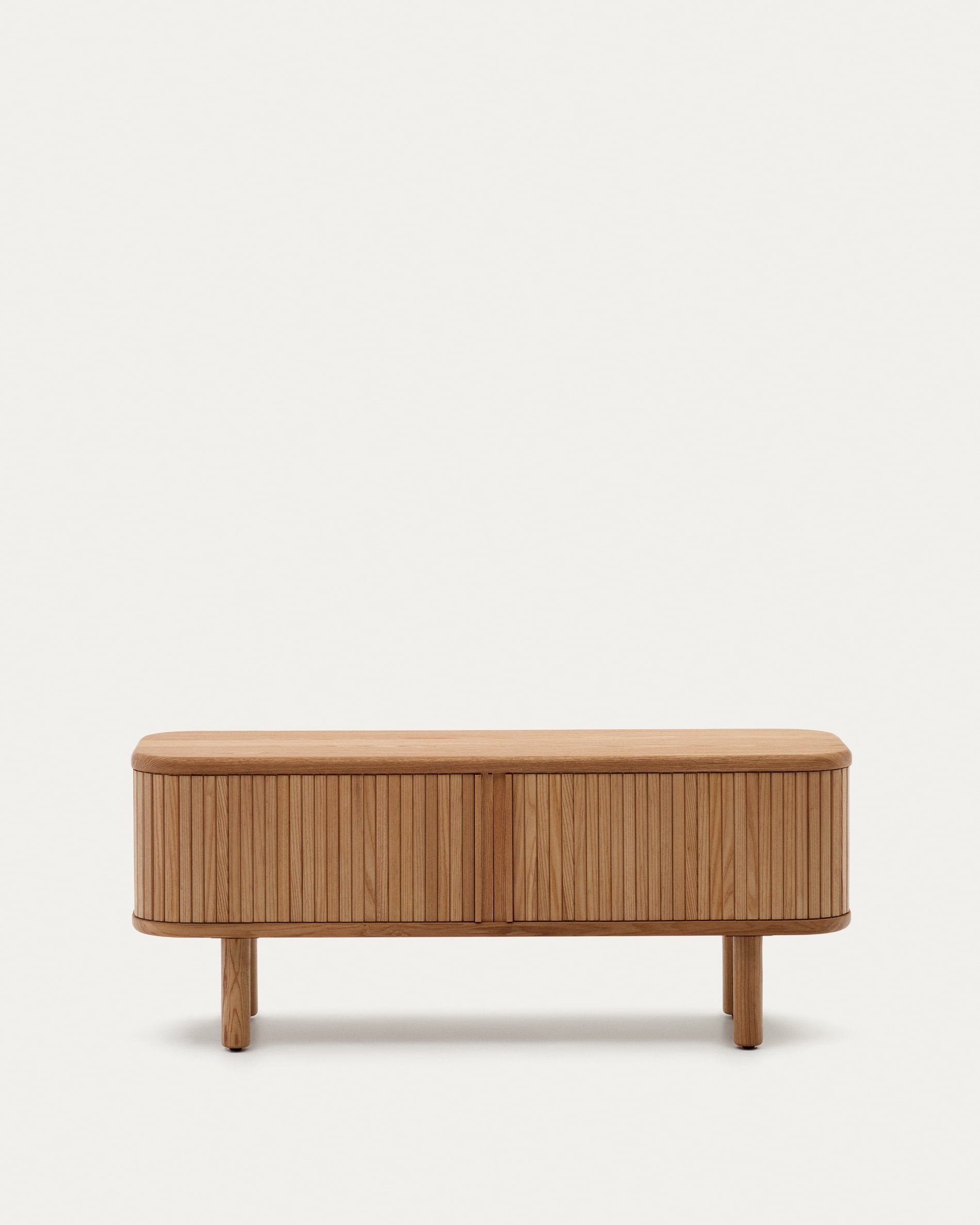 3D-Modell eines eleganten TV-Möbels mit Eschenfurnier, 2 Lamellen-Schiebetüren, 120x50 cm, für AR-Ansicht geeignet.