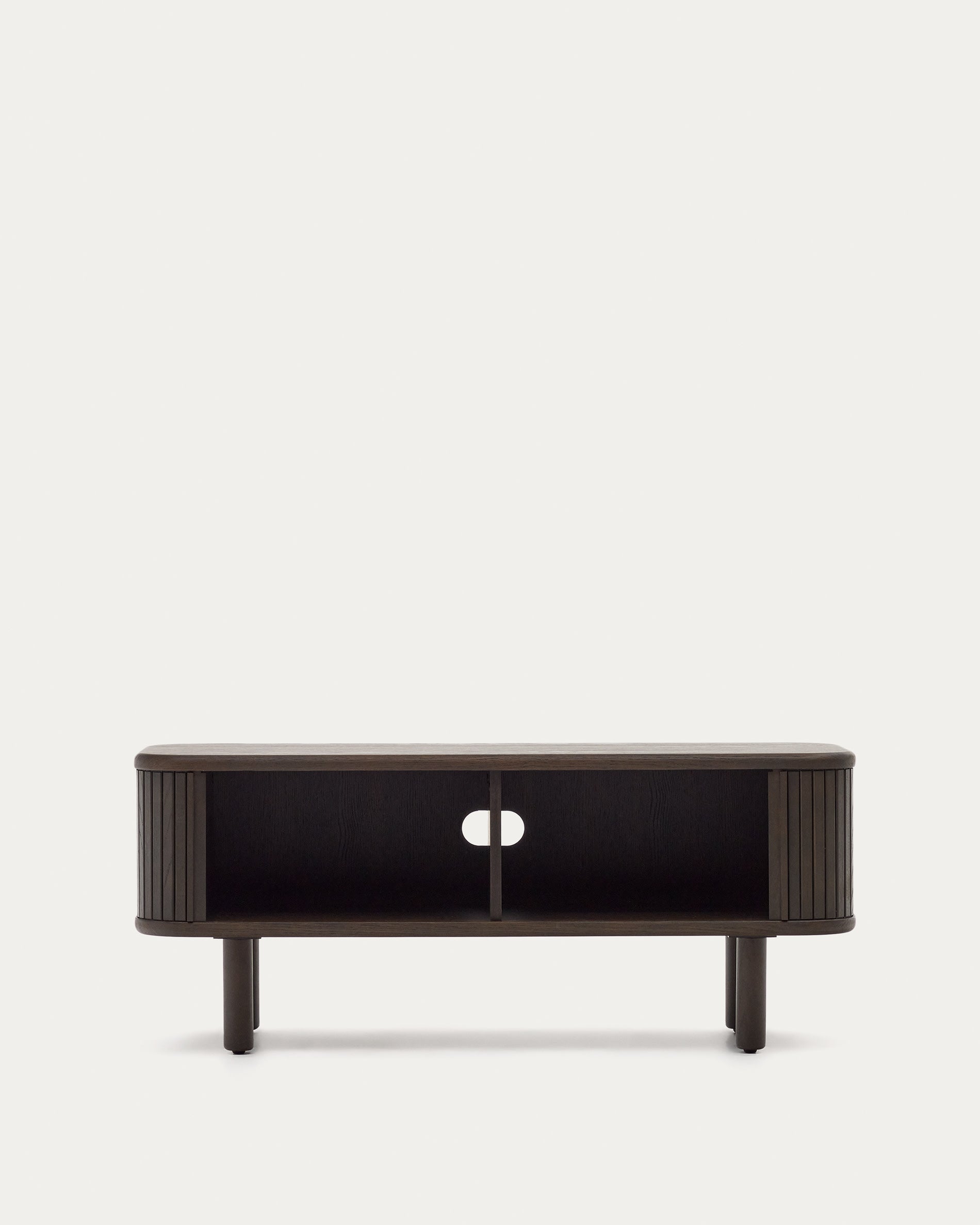 TV-Möbel aus Eschenfurnier mit dunklem Finish, 2 Türen, 120x50 cm, von Kave Home. Modernes Design und praktische Aufbewahrung.