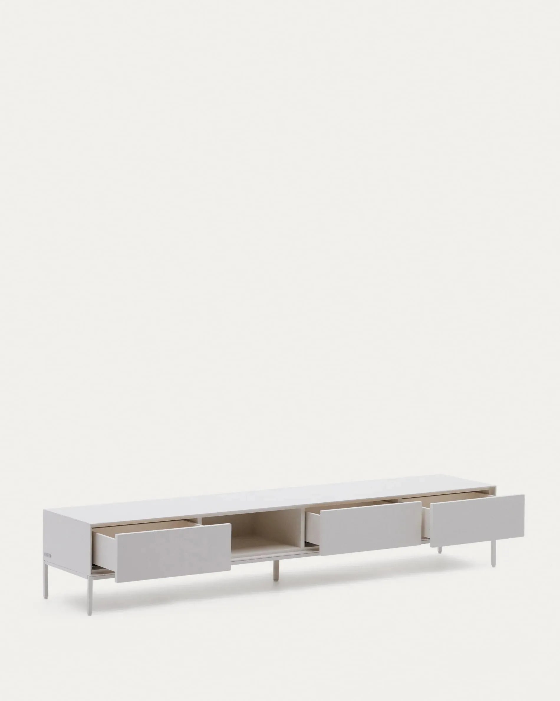Eleganter TV-Schrank mit 3 Schubladen, weiß lackiert, 195x35 cm, aus MDF, minimalistisch mit modernen Akzenten.