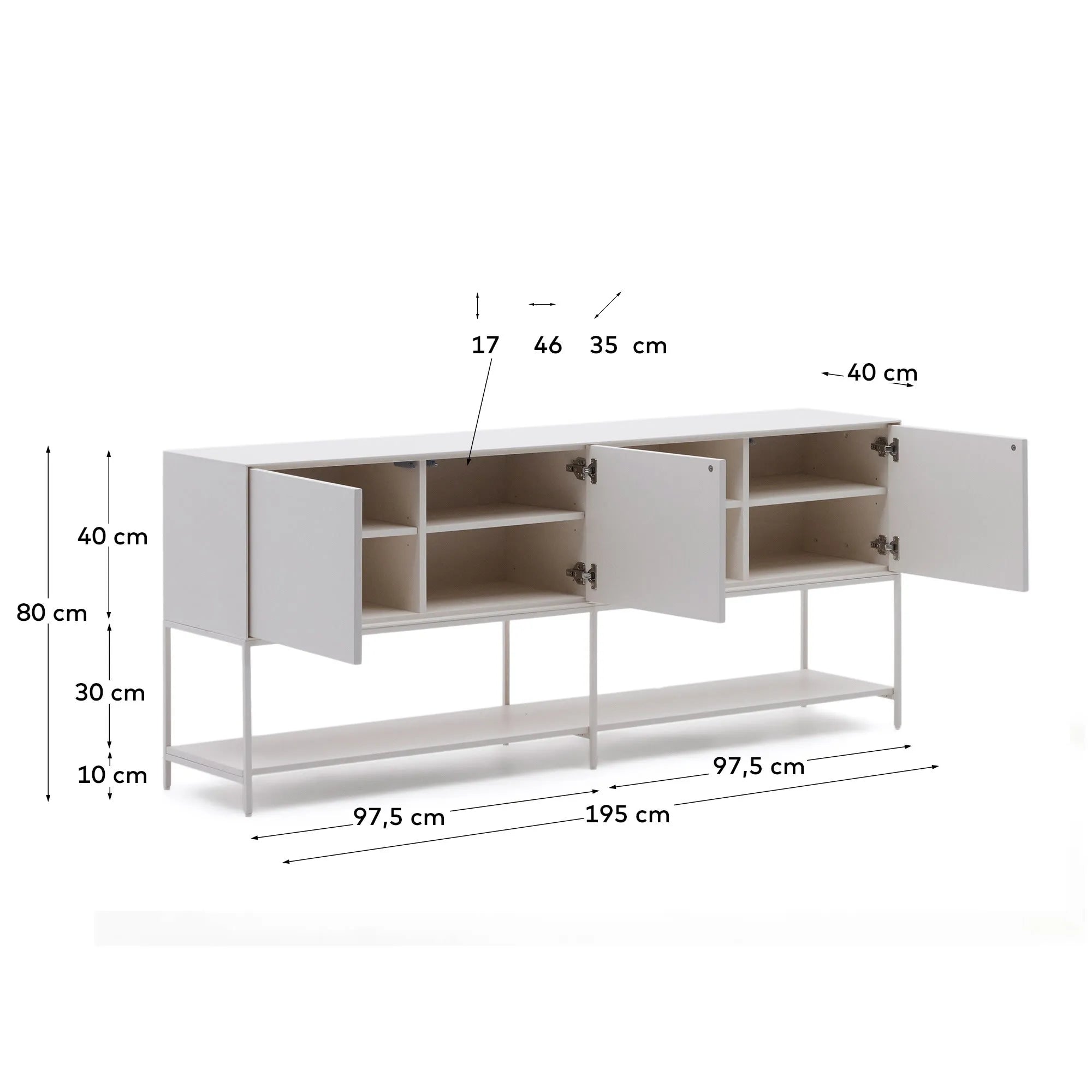 Das Vedrana Sideboard von Kave Home, 195x80 cm, aus weiß lackiertem MDF mit 3 Türen, kombiniert Stil und Funktionalität für Ihr Zuhause.