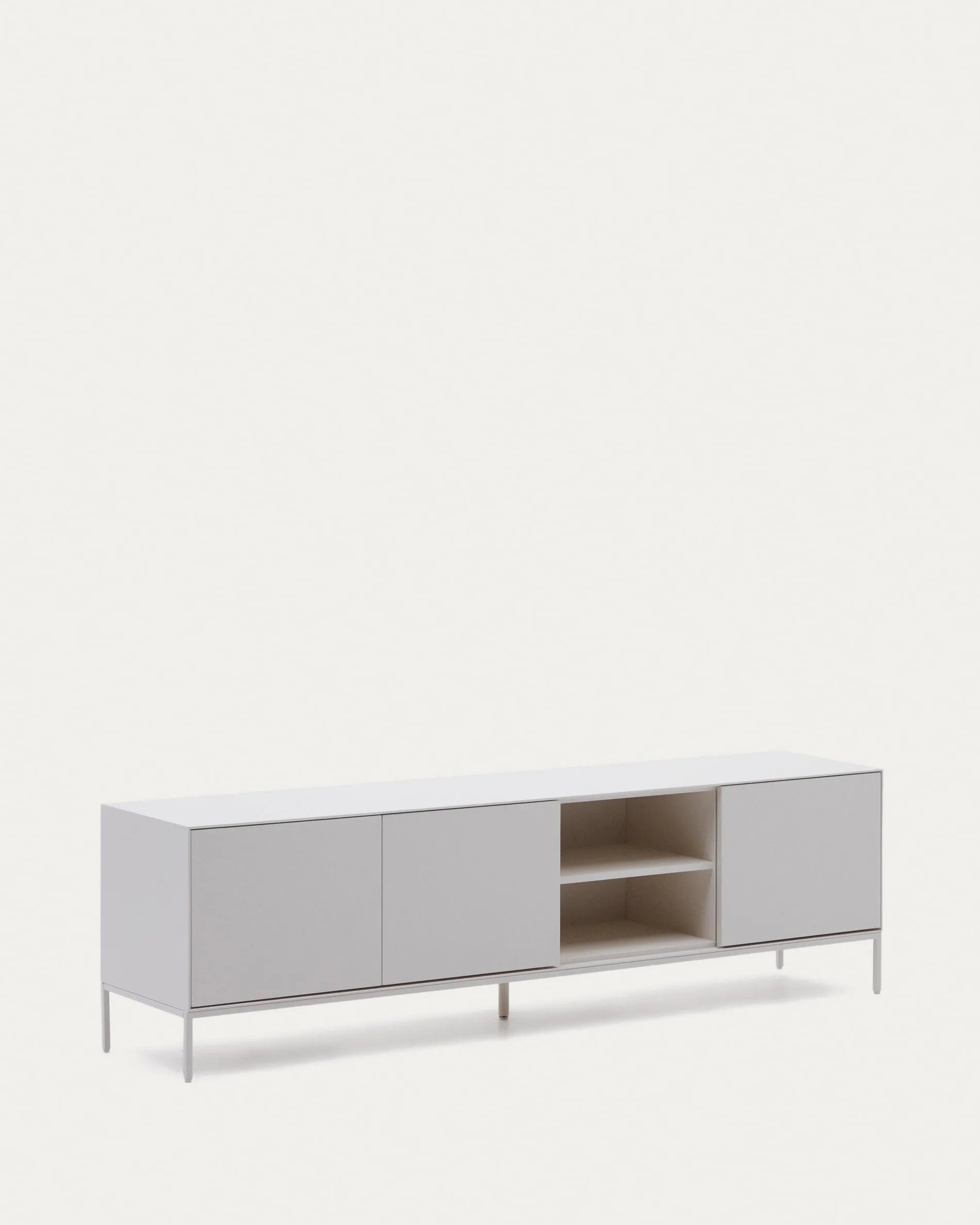 Eleganter TV-Schrank mit 3 Türen, weiß lackiert, aus robustem MDF. Bietet viel Stauraum und passt perfekt in moderne Wohnräume.
