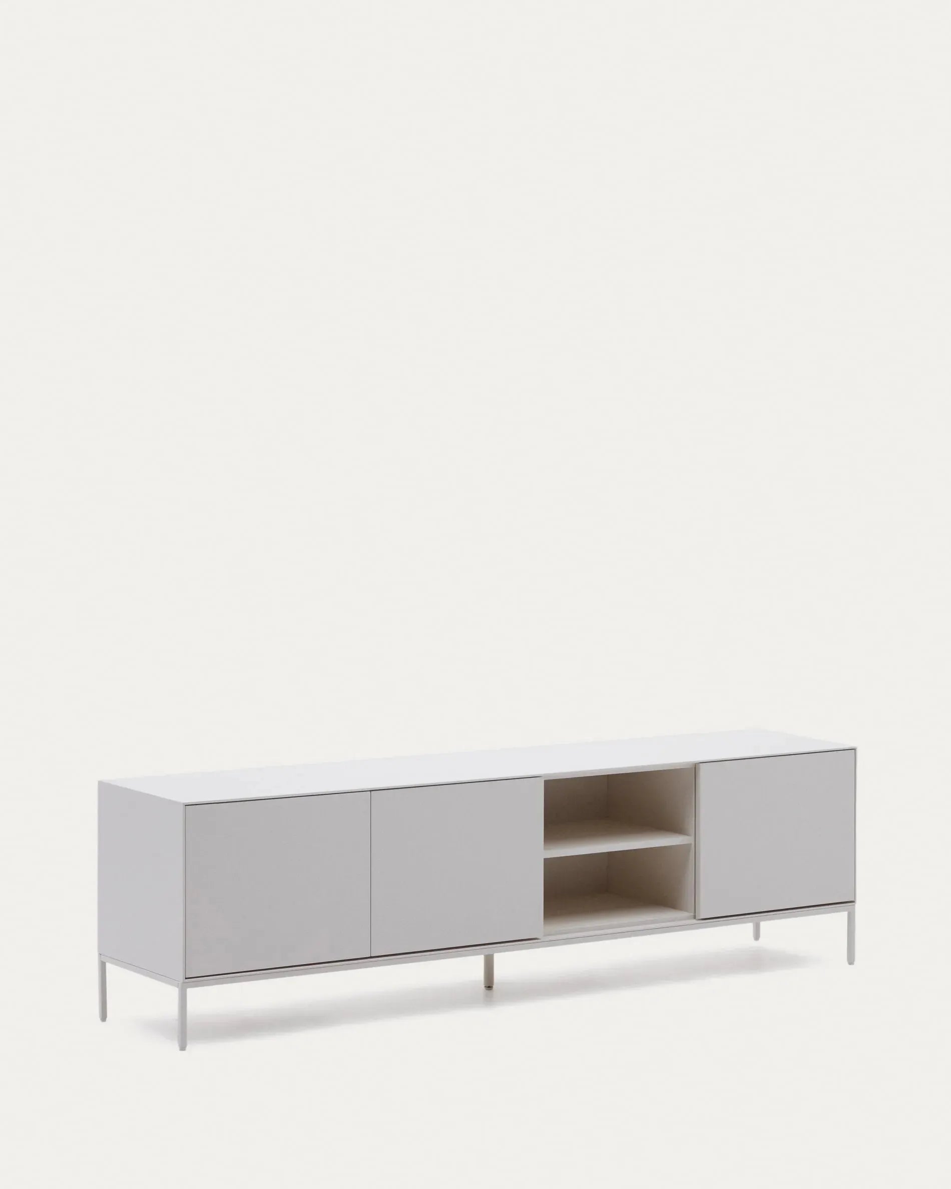 Eleganter TV-Schrank mit 3 Türen, weiß lackiert, aus robustem MDF. Bietet viel Stauraum und passt perfekt in moderne Wohnräume.