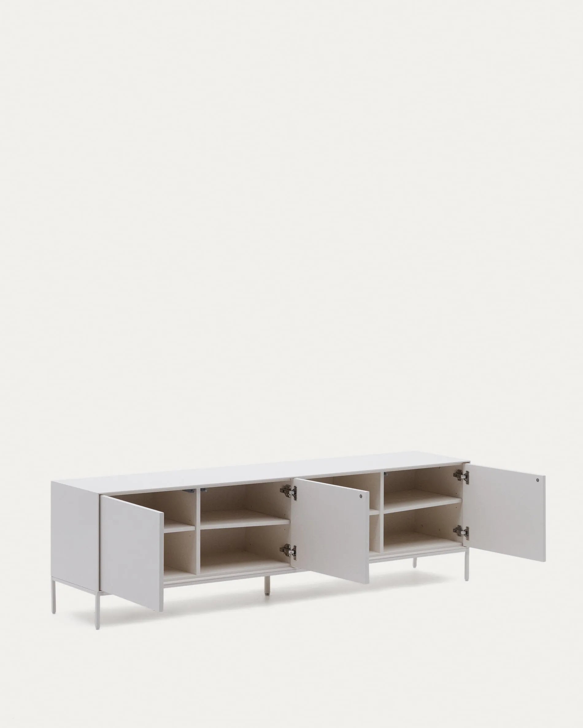 Eleganter TV-Schrank mit 3 Türen, weiß lackiert, aus robustem MDF. Bietet viel Stauraum und passt perfekt in moderne Wohnräume.