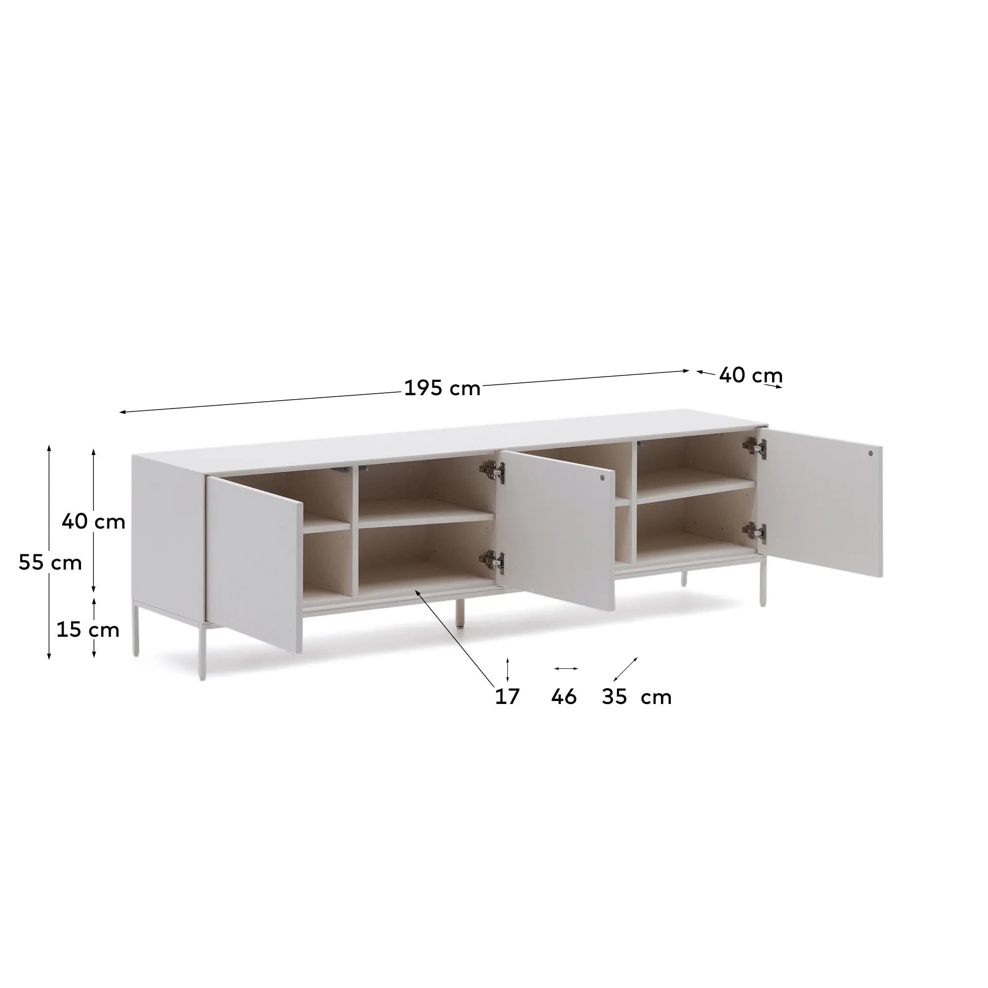 Eleganter TV-Schrank mit 3 Türen, weiß lackiert, aus robustem MDF. Bietet viel Stauraum und passt perfekt in moderne Wohnräume.