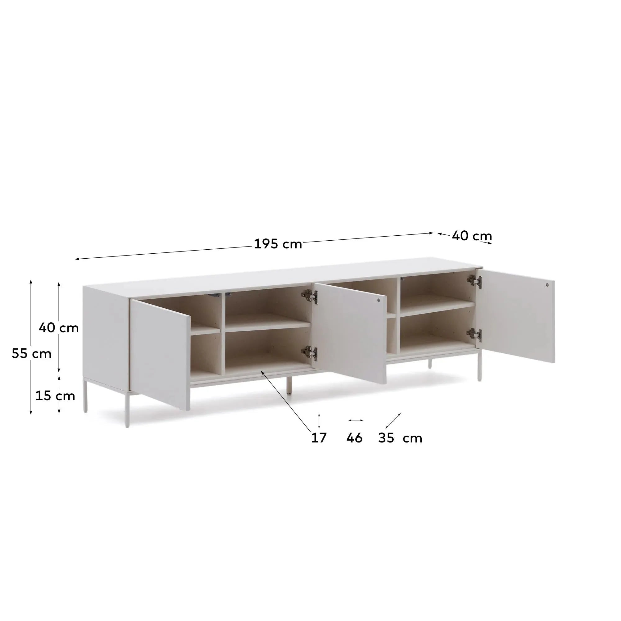 Eleganter TV-Schrank mit 3 Türen, weiß lackiert, aus robustem MDF. Bietet viel Stauraum und passt perfekt in moderne Wohnräume.