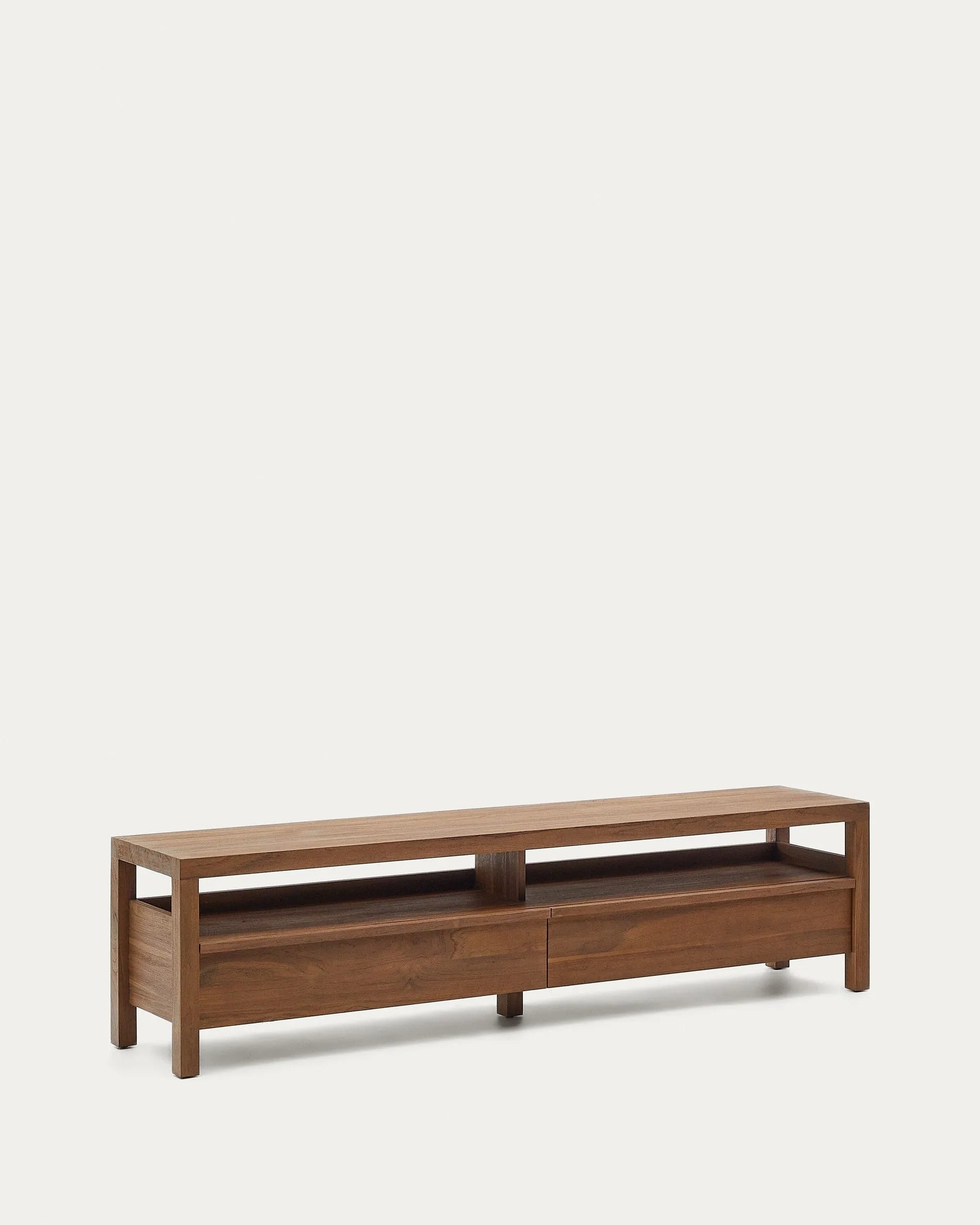 Elegantes TV-Möbel aus Teakholz, 200x40 cm, vereint minimalistisches Design mit praktischen Stauraumoptionen.