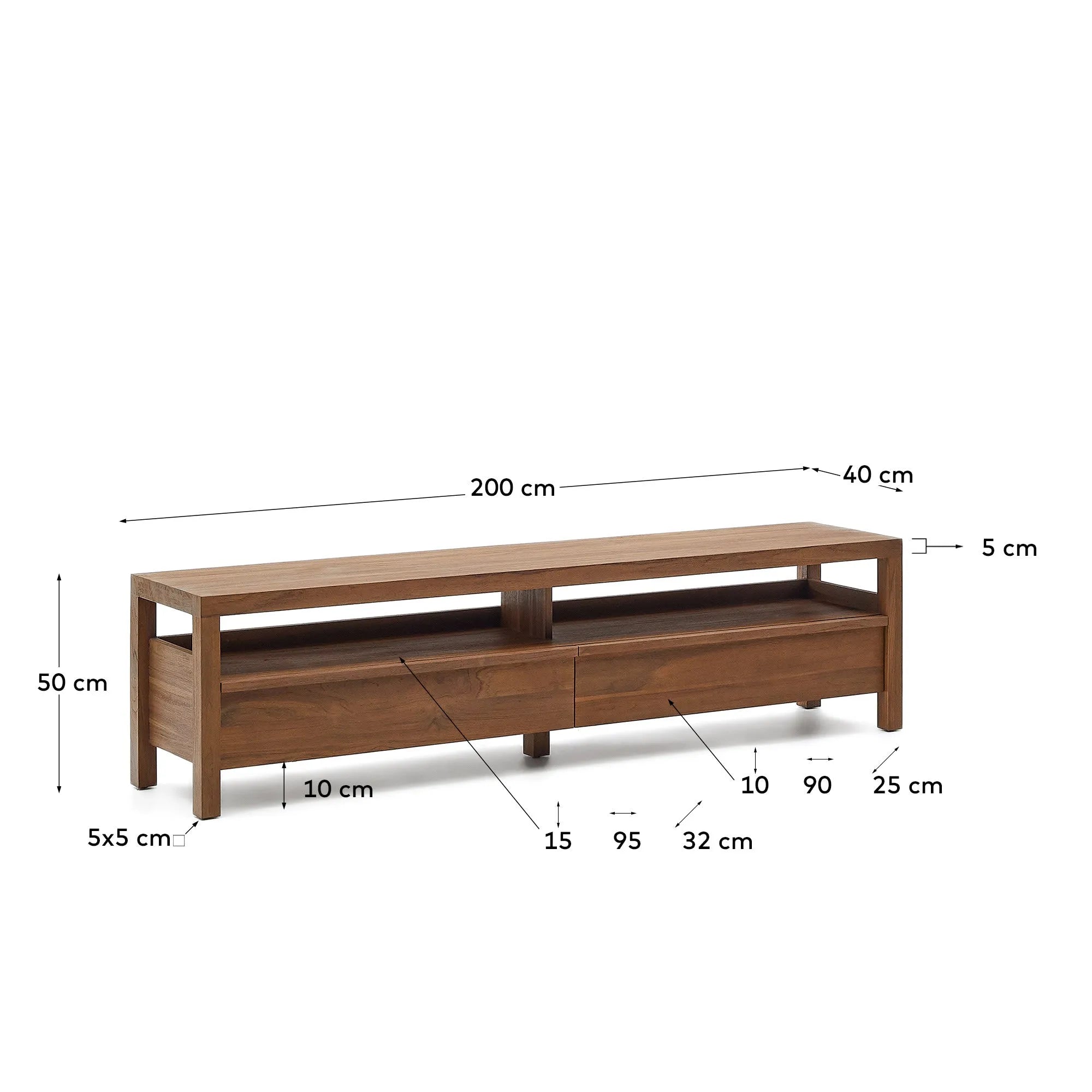 Elegantes TV-Möbel aus Teakholz, 200x40 cm, vereint minimalistisches Design mit praktischen Stauraumoptionen.