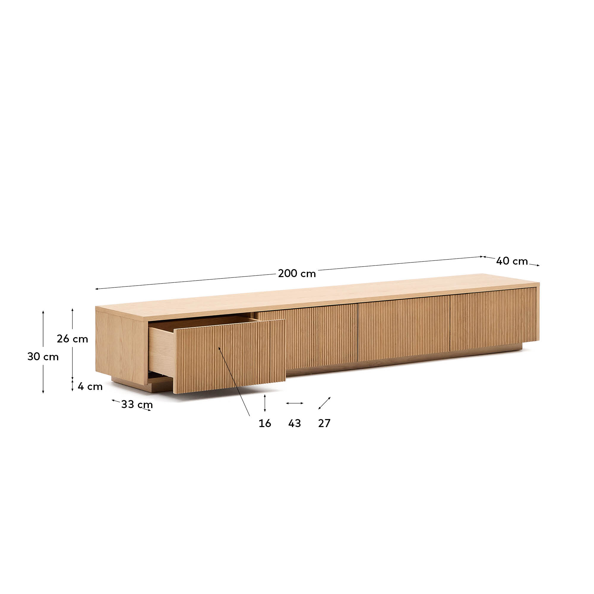 Entdecken Sie das elegante TV-Möbel Helvine von Kave Home: 200 x 40 cm, 4 praktische Schubladen, aus FSC 100% Holz für umweltfreundlichen Stil.
