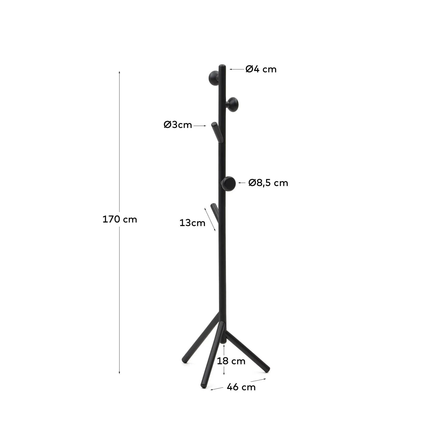 Stilvoller Nadue Kleiderständer aus Buche, 170 cm, schwarz lackiert.