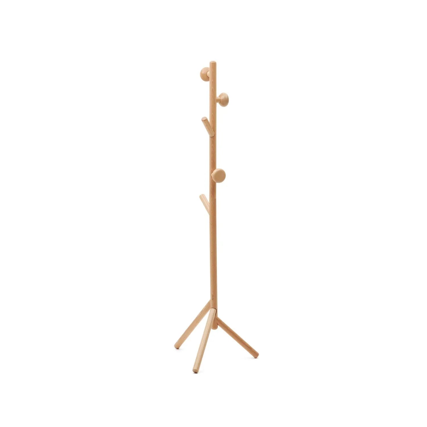 Eleganter Garderobenständer aus massivem Buchenholz, 170 cm hoch, mit natürlichem Finish und abnehmbaren Kleiderbügeln.