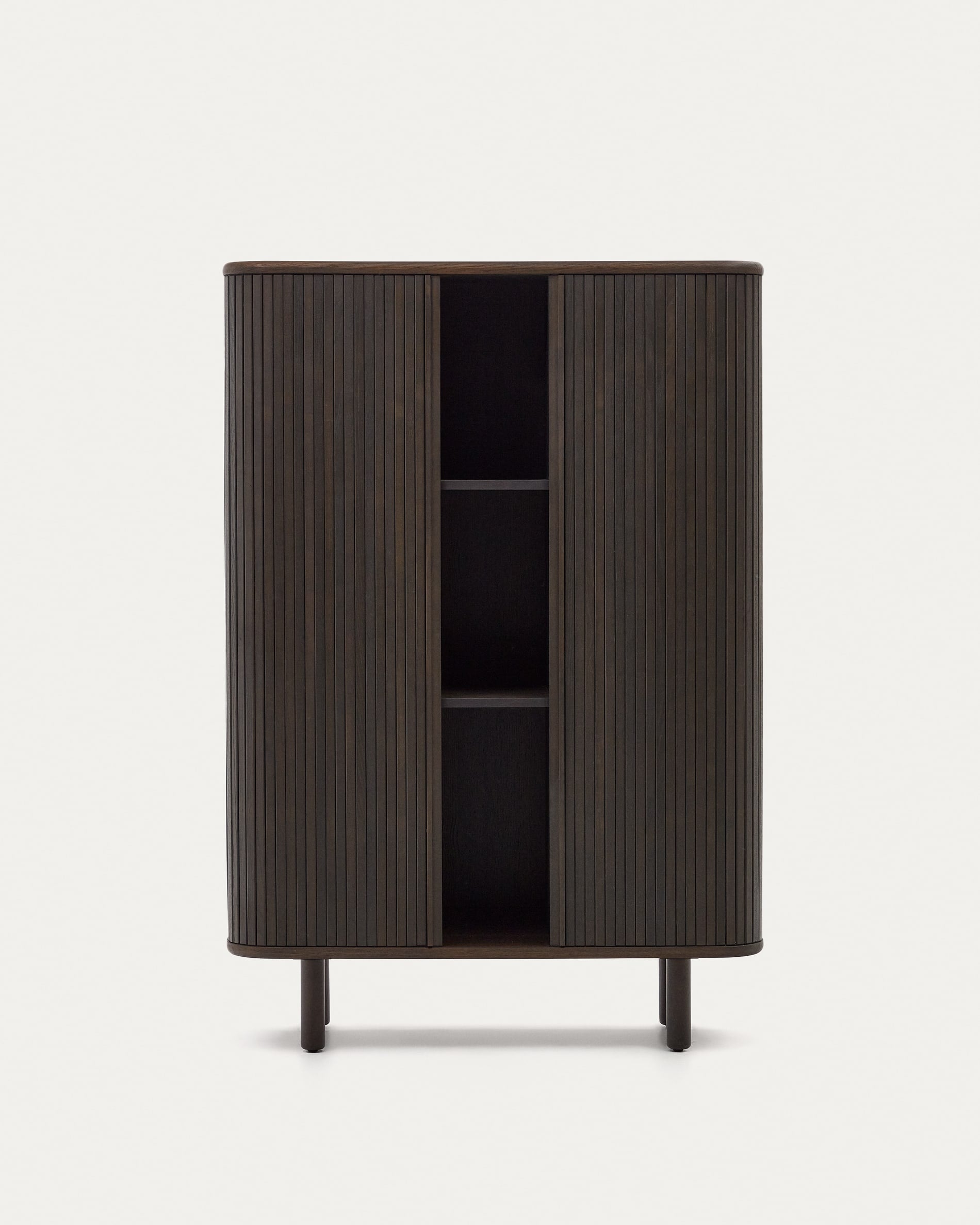 Elegantes Highboard mit Eschenfurnier, dunklem Finish, 2 Türen, 110x160 cm. Vielseitig und stilvoll.
