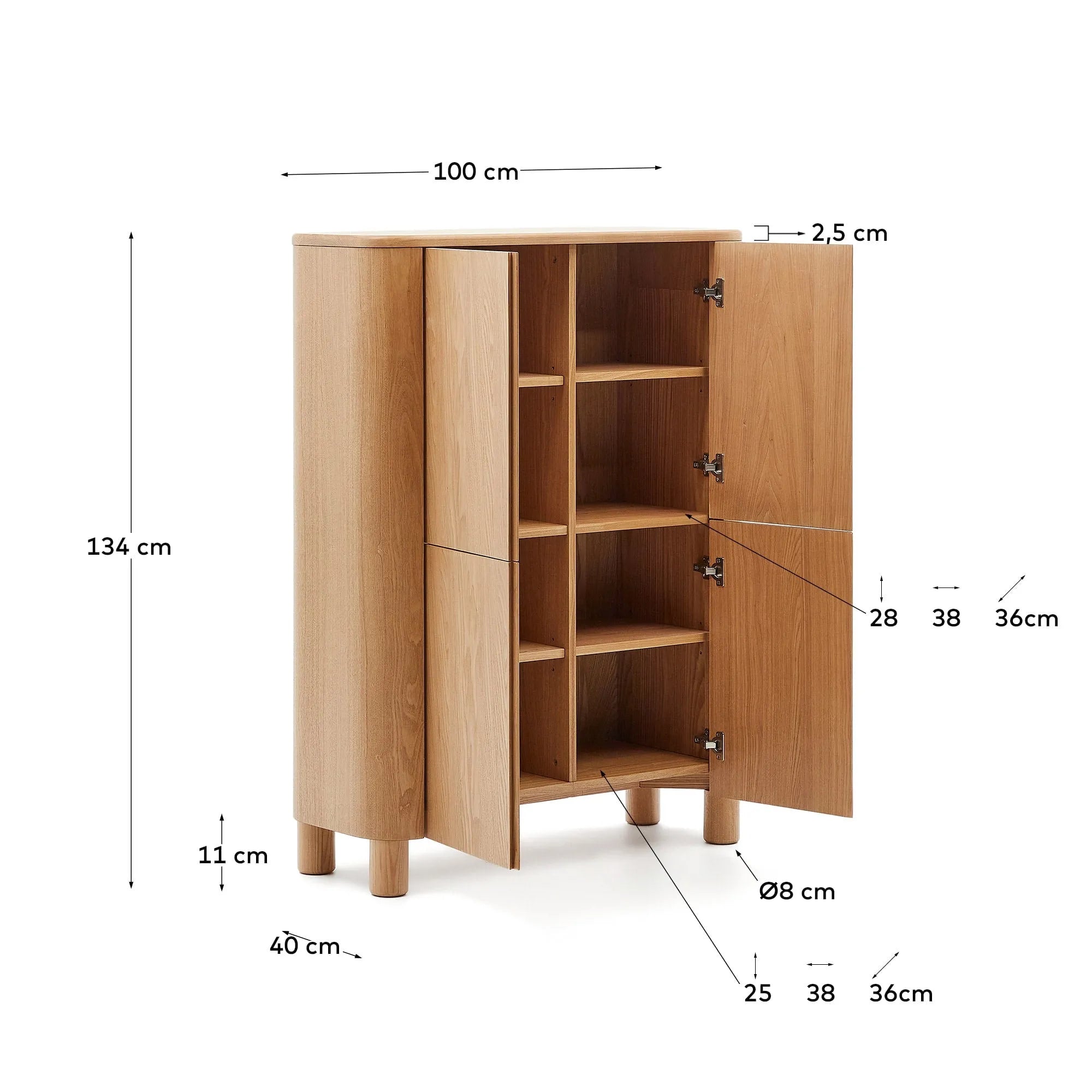 Elegantes Highboard aus Eschenfurnier, 100x134 cm, vereint Stil und Funktionalität für moderne Wohnräume.