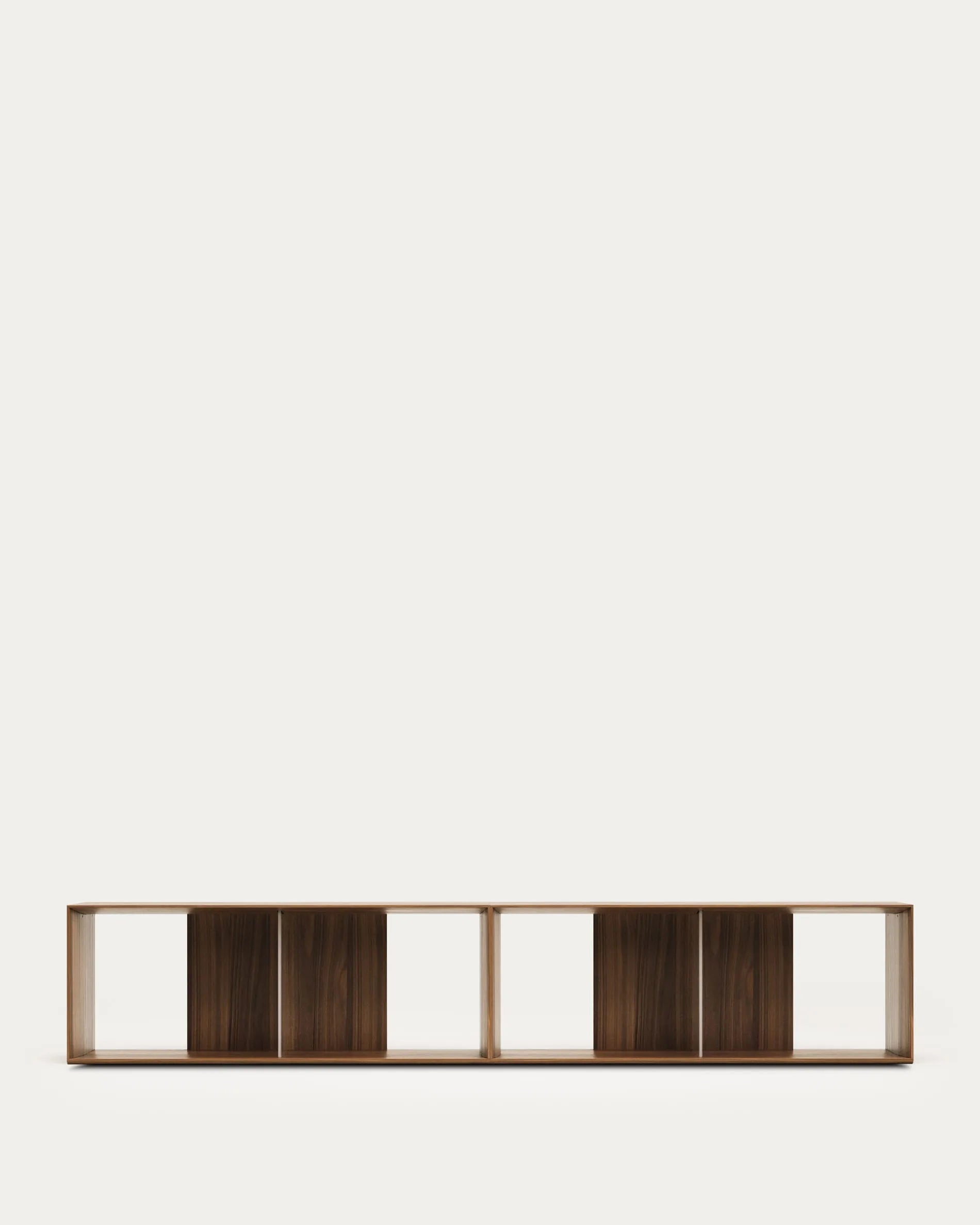 Elegantes, modulares Regalset aus Nussholzfurnier, flexibel anpassbar für stilvolle Raumgestaltung.
