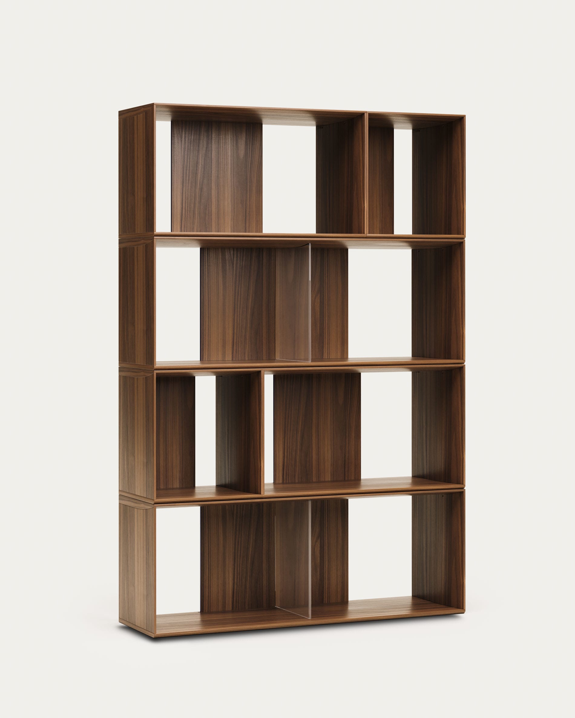 Modulares Regalset aus edlem Nussholzfurnier, vielseitig kombinierbar, 101x152 cm, ideal für stilvolle Aufbewahrung.