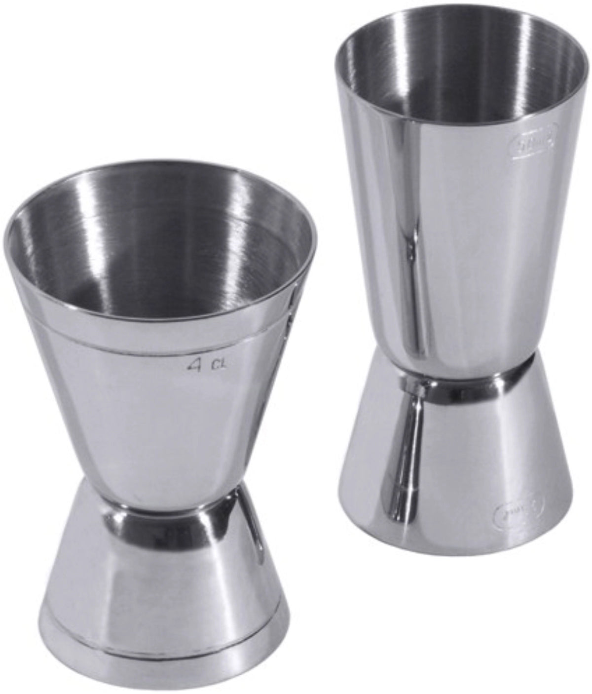 Doppelmassbecher 2/4 cl von Contacto aus hochglänzendem Edelstahl in Silber, graduierte Form, kompakte Grösse für Barzwecke