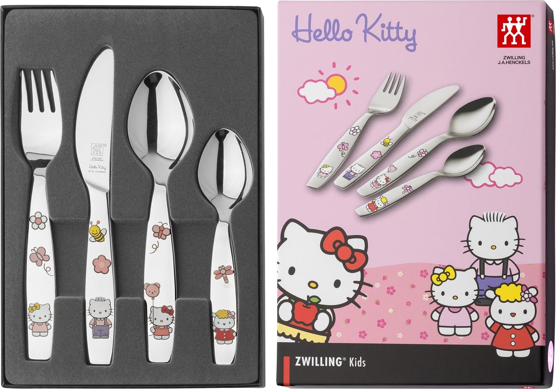Verspieltes 4-teiliges Besteckset für Kinder mit Hello Kitty Motiven, ideal für kleine Hände und aus hochwertigem Edelstahl von Zwilling.
