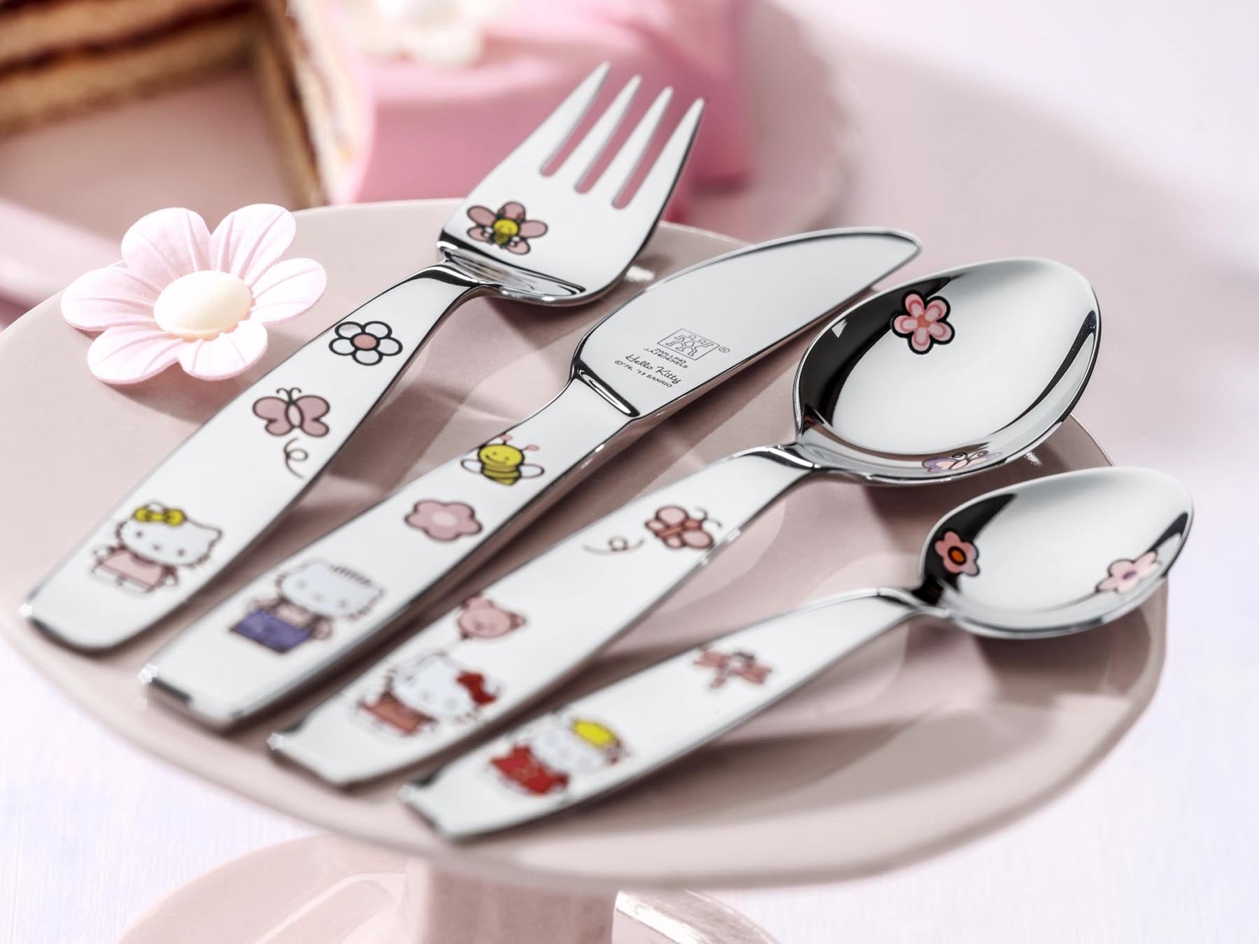4tlg. Kinderbesteck Hello Kitty in Silber präsentiert im Onlineshop von KAQTU Design AG. Besteck ist von Zwilling