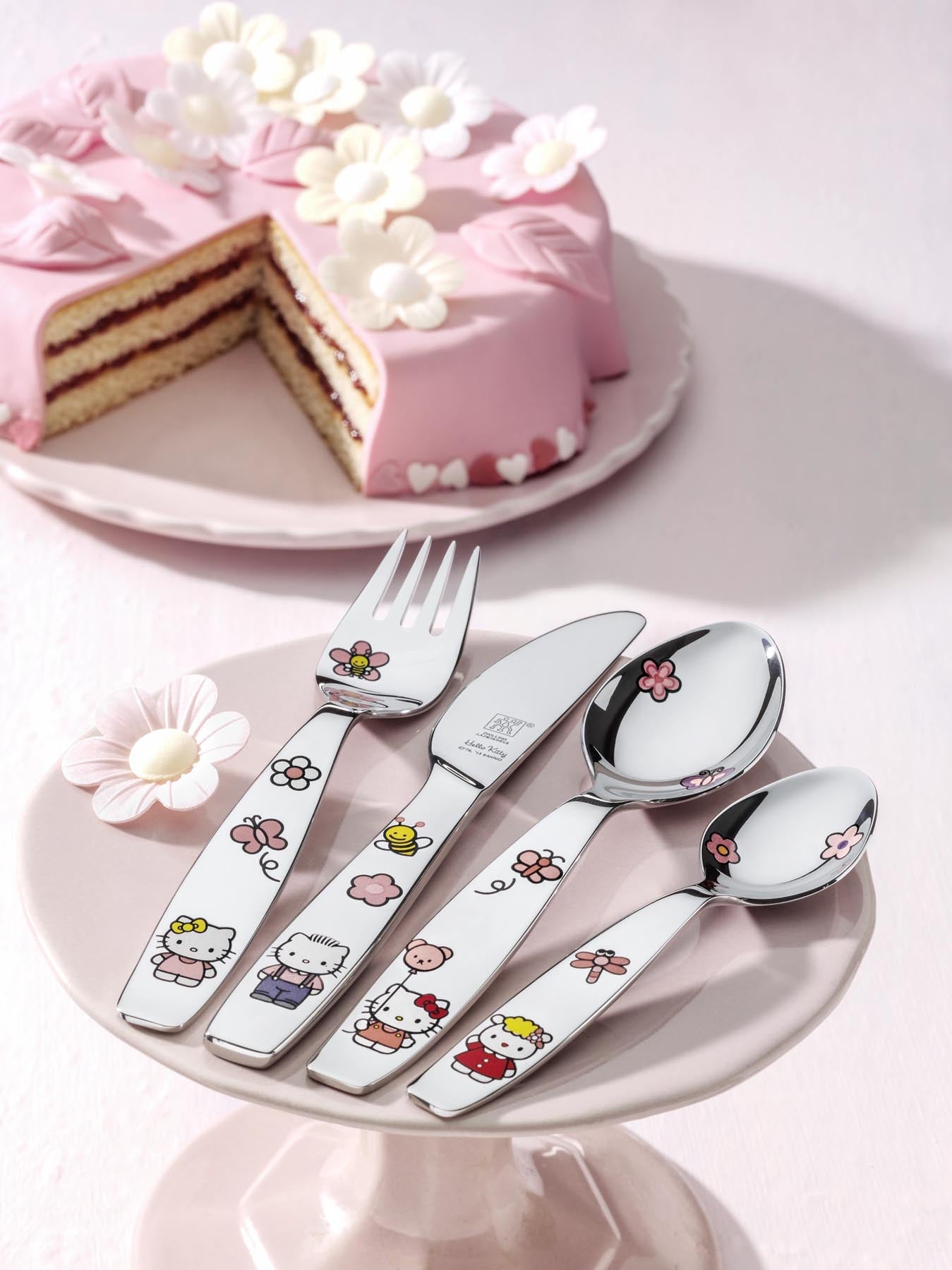 Charmantes 4-teiliges Kinderbesteck mit Hello Kitty Design, perfekt für Kinderhände, aus langlebigem Edelstahl von Zwilling.