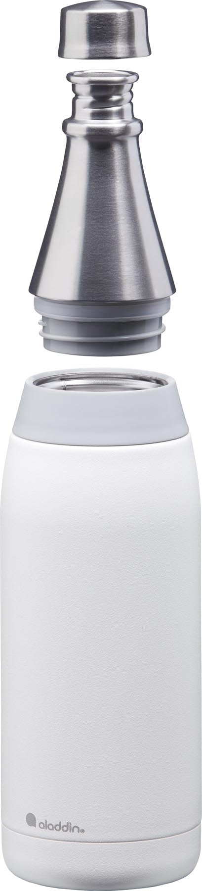 Stilvolle 0.6L Thermosflasche in schneeweiß von Aladdin, perfekt für heiße und kalte Getränke, ideal für unterwegs.