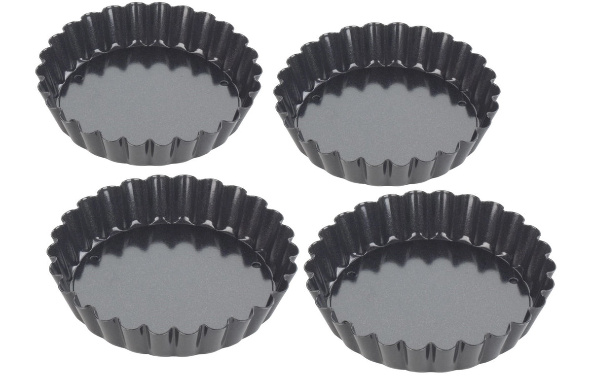 Schwarze, runde Tala Wähenformen mit Antihaftbeschichtung als 4er-Set aus Edelstahl