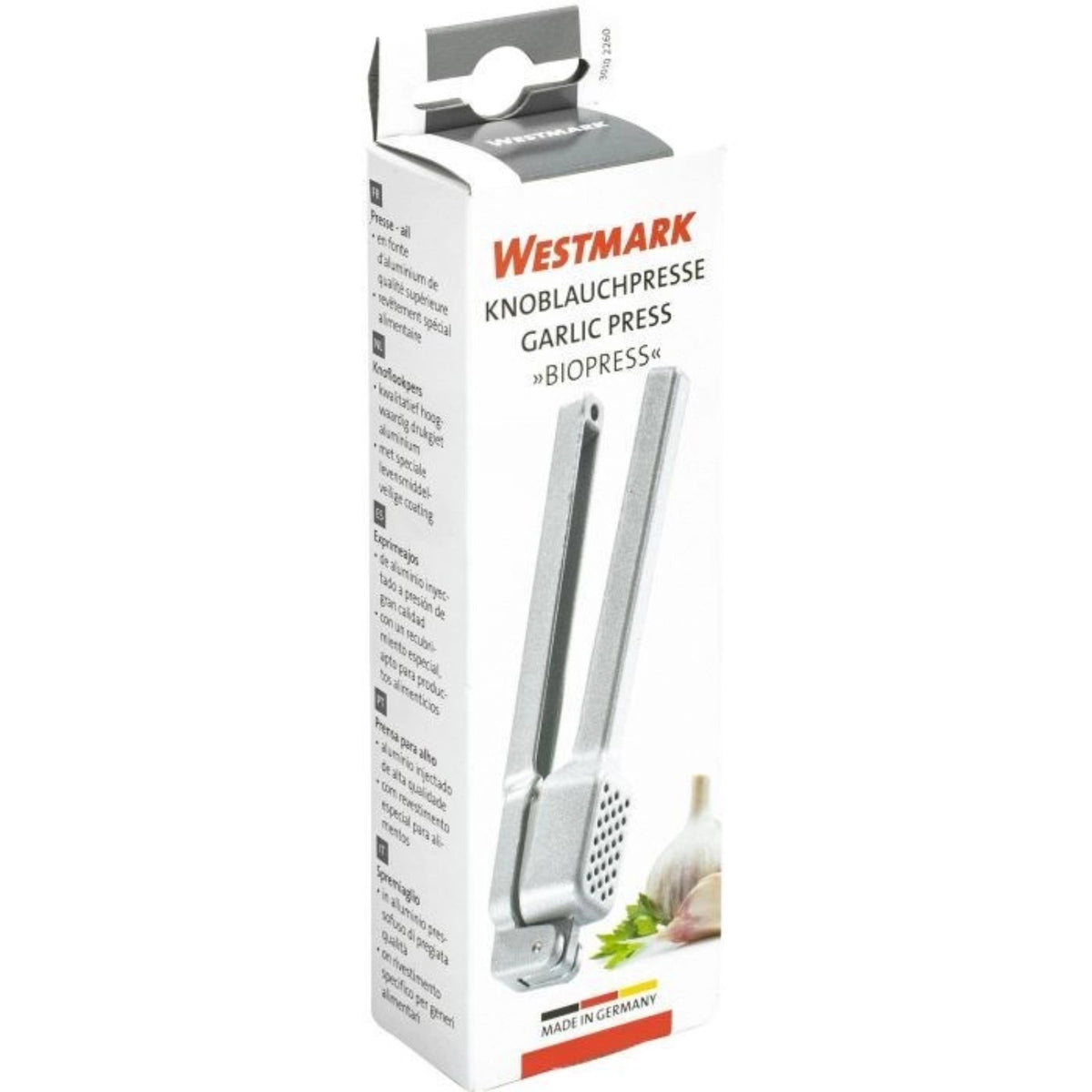 Knoblauchpresse Biopress, 15x5.2x3.3cm in Silber präsentiert im Onlineshop von KAQTU Design AG. Küchenhelfer ist von Westmark