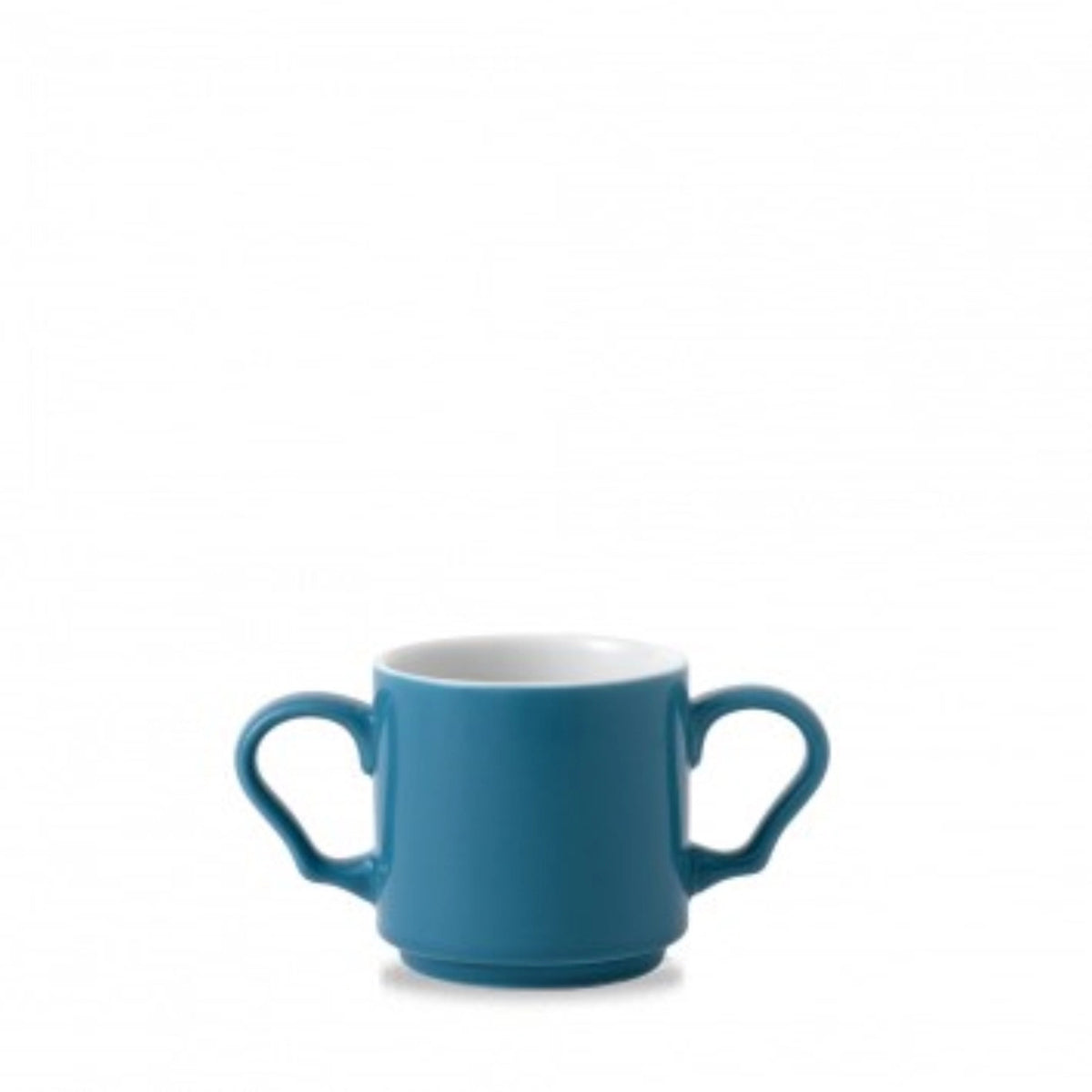 Blauer Keramik-Becher von Churchill mit zwei seitlichen Griffen, stapelbare Form, Durchmesser 15 cm, Höhe 8 cm, Fassungsvermögen 28.4 cl.