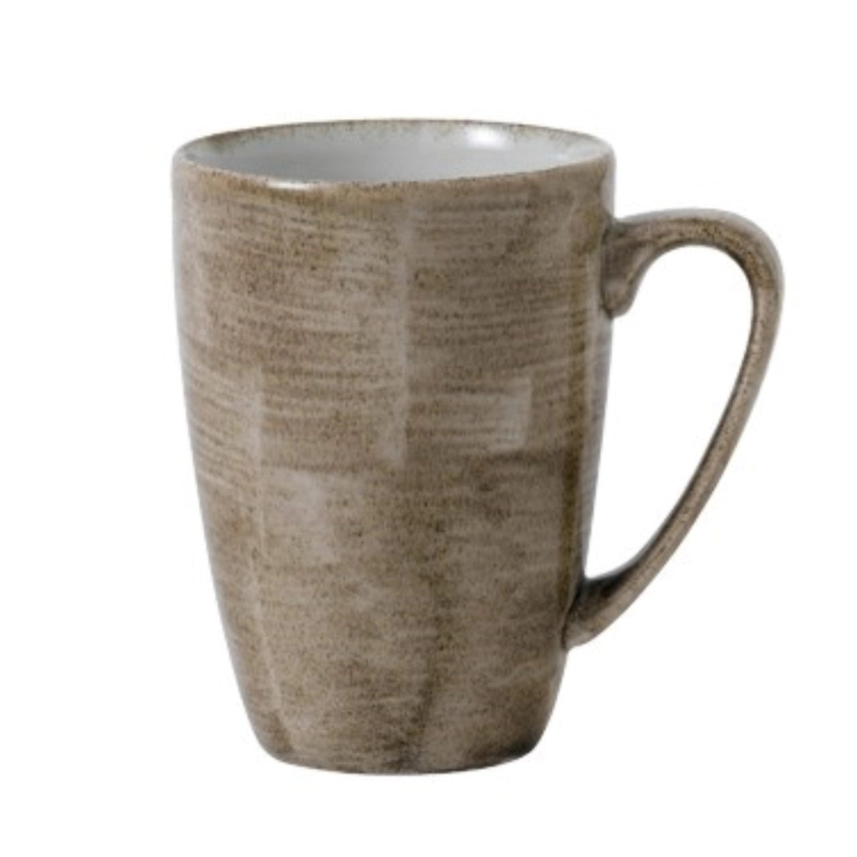 Beiger Keramikbecher Stonecast Patina Antique taupe von Churchill mit gesprenkeltem Muster und goldbraunem Rand, 34cl Fassungsvermögen
