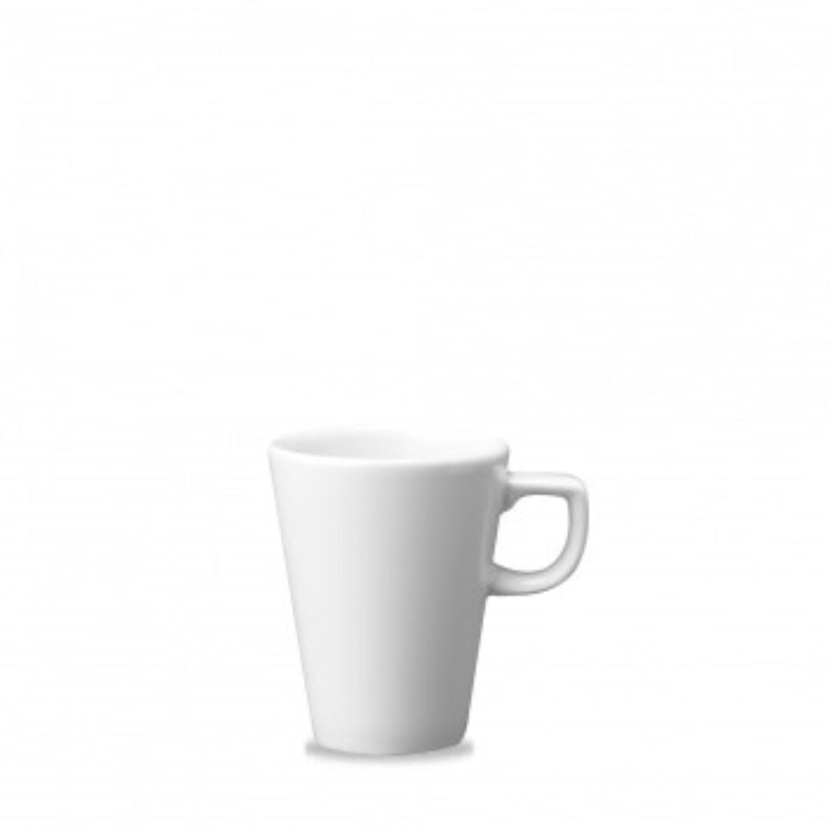 Weisser Cafe Latte Becher aus Porzellan von Churchill, 28cl Volumen, D 8.5cm x H 10.5cm, schlichte runde Form ohne Henkel.
