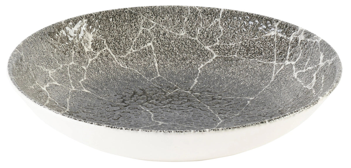 Schwarzer tiefer Coupe-Teller Kintsugi Reverse Quartz Black aus Porzellan mit Craquelé-Muster