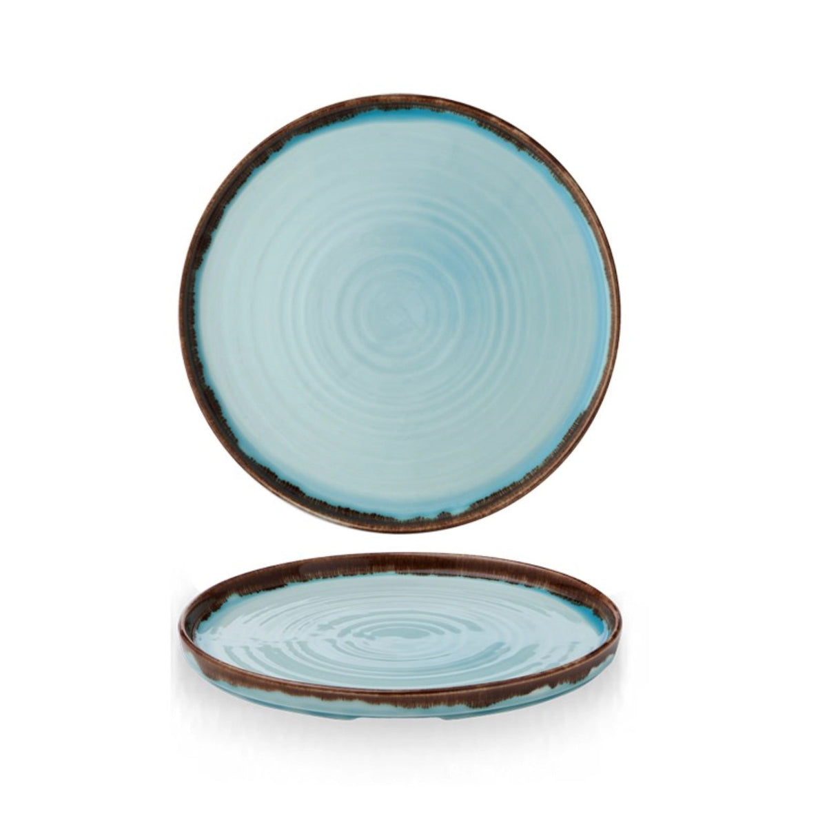 Blauer Teller Harvest Turquoise aus Keramik mit handglasiertem, tropfendem Rand