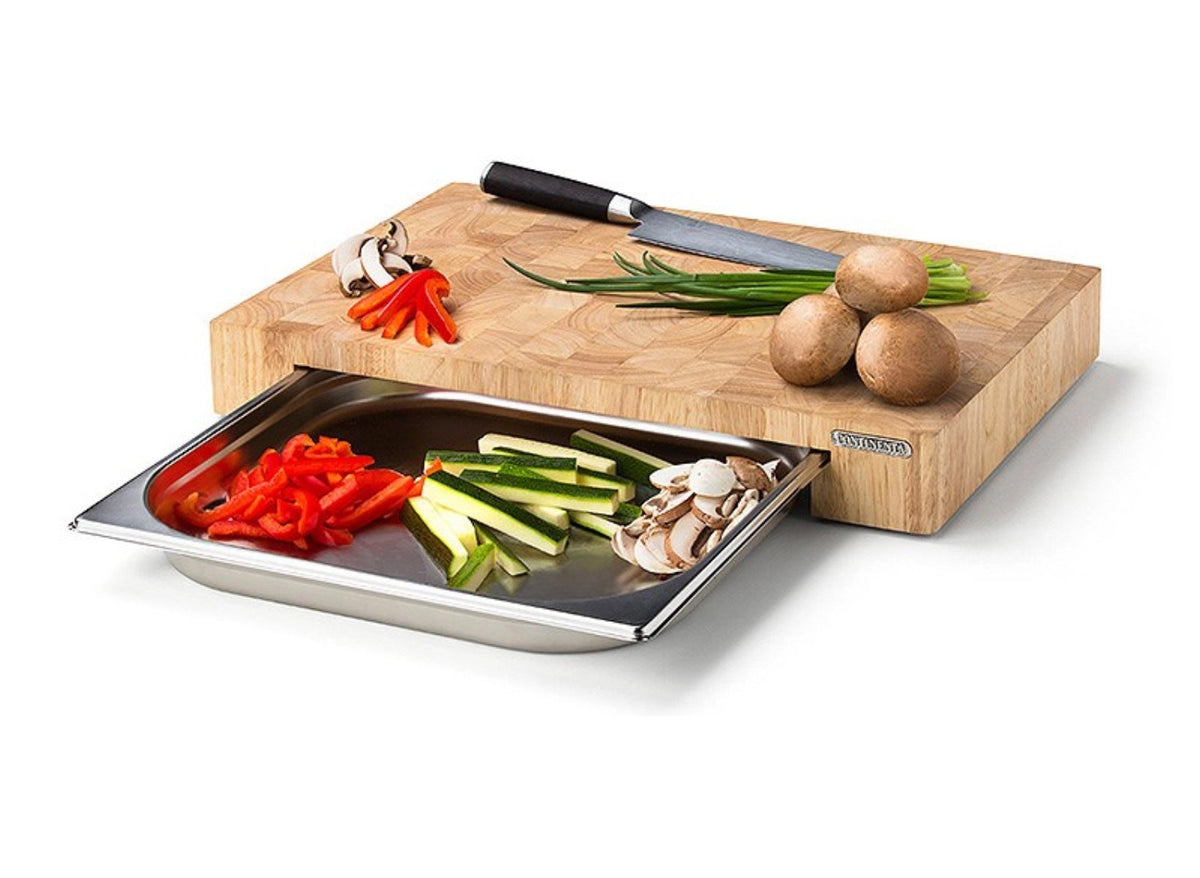 Stirnholz Schneidebrett m. Edelstahl Schublade, 39x27x6 cm in Braun präsentiert im Onlineshop von KAQTU Design AG. Schneidbrett ist von Continenta